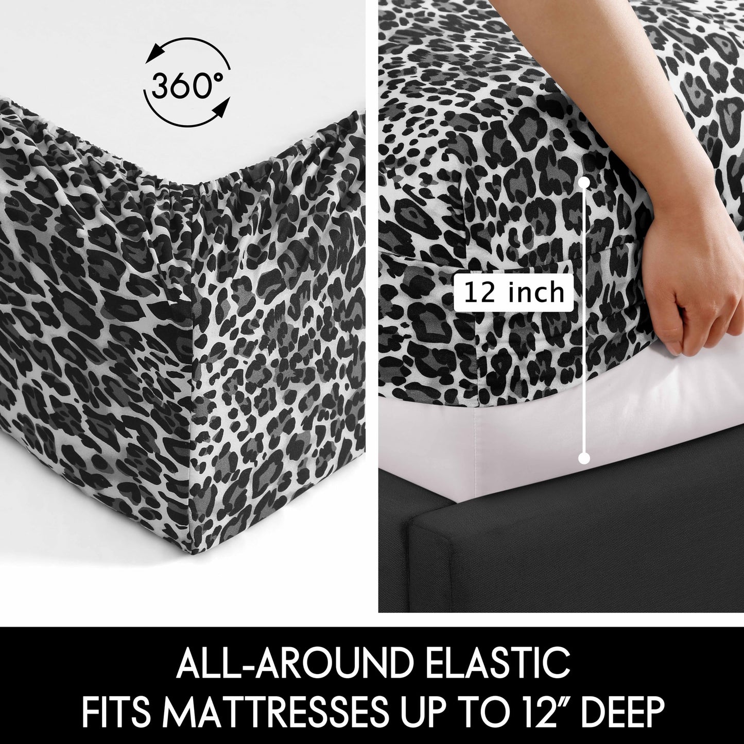 Beatrice Home Fashions Printed Microfiber Sheet Set, Soft Comfortable Easy Care, Includes 1 Fitted Sheet with 12" Deep Pockets, 1 Flat Sheet, Pillowcase, Full, Leopard Gray