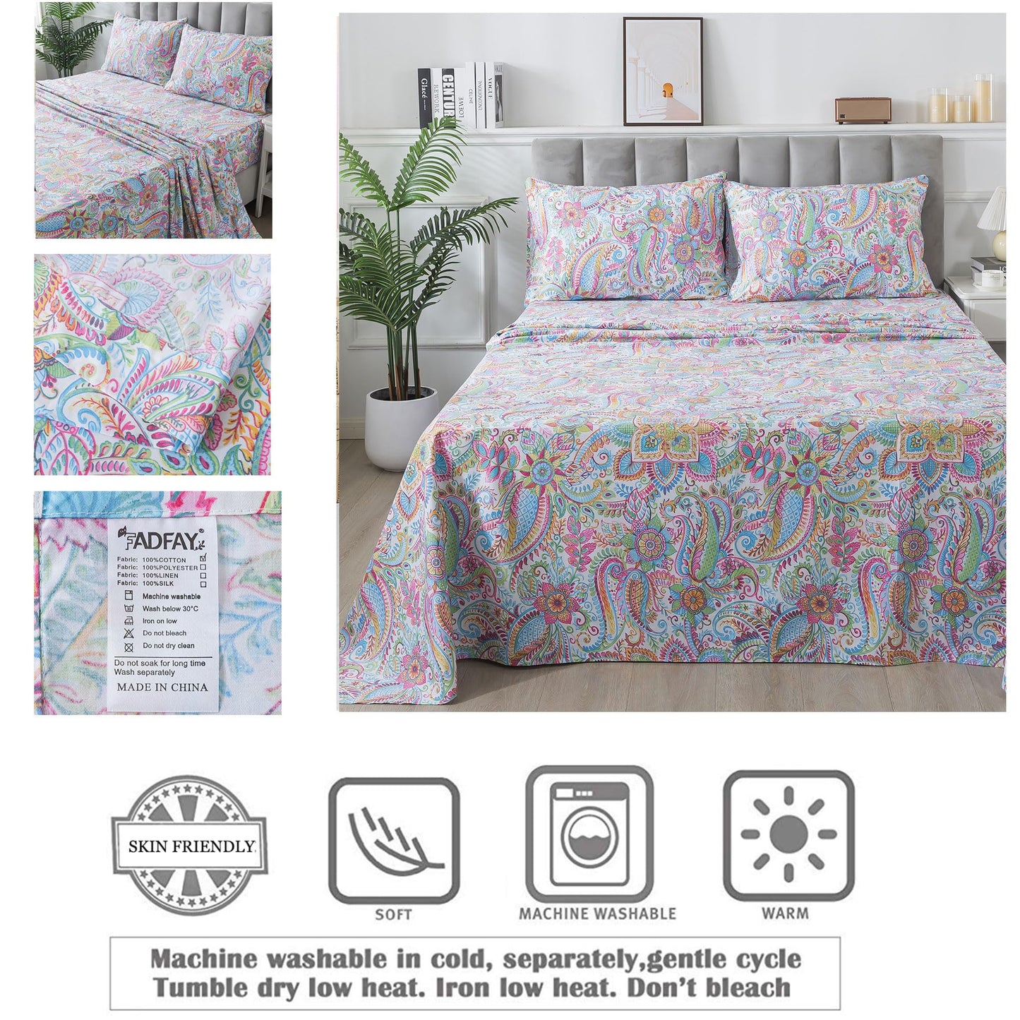 FADFAY Paisley Sheets Set Full Bohemian Damask Paisley Bedding Luxurious Boho Pink Paisley Bed Sheet Set Breathable Cotton Ultra Soft 17.5'' Deep Pocket Fitted Sheet 4Pcs, Full Size