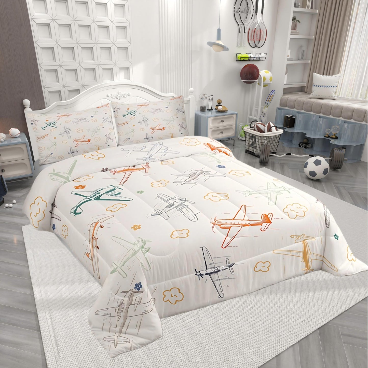 Castle Fairy Aircraft Bedding Set Kids Airplane Print Comforter Boys Girls Decor Aircraft Flying Theme Blanket Microfiber Sketch Style Khaki Yellow Duvet Set Bedroom Twin Size with 1 Pillow Case