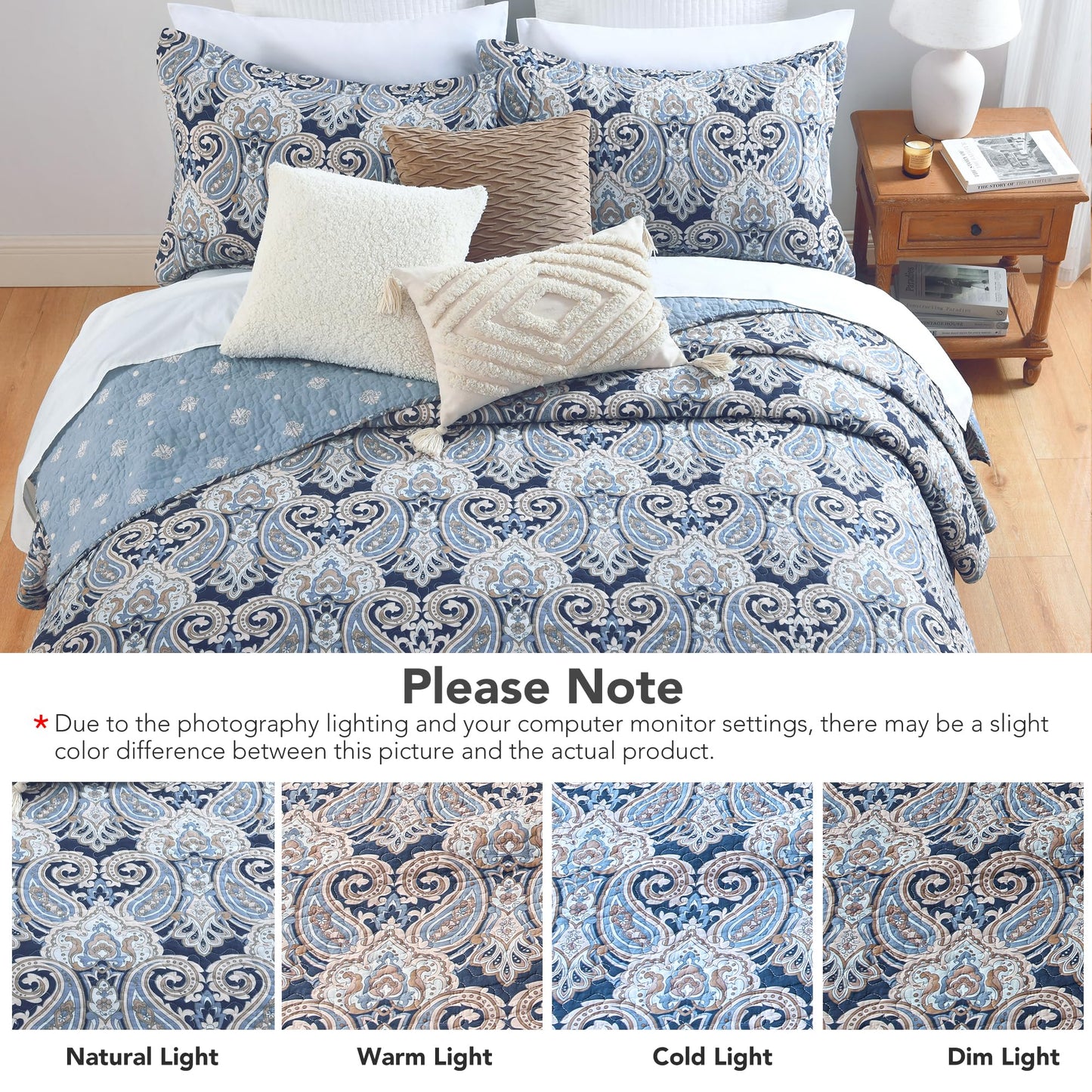 BCOTTOND Blue Paisley Queen Size Quilt Set - Reversible Paisley Beige Floral Quilts Queen Size, 100% Cotton Lightweight Bedspread Set, Luxury Quilt Bedding Set for Queen Bed, Navy Blue, 90×98