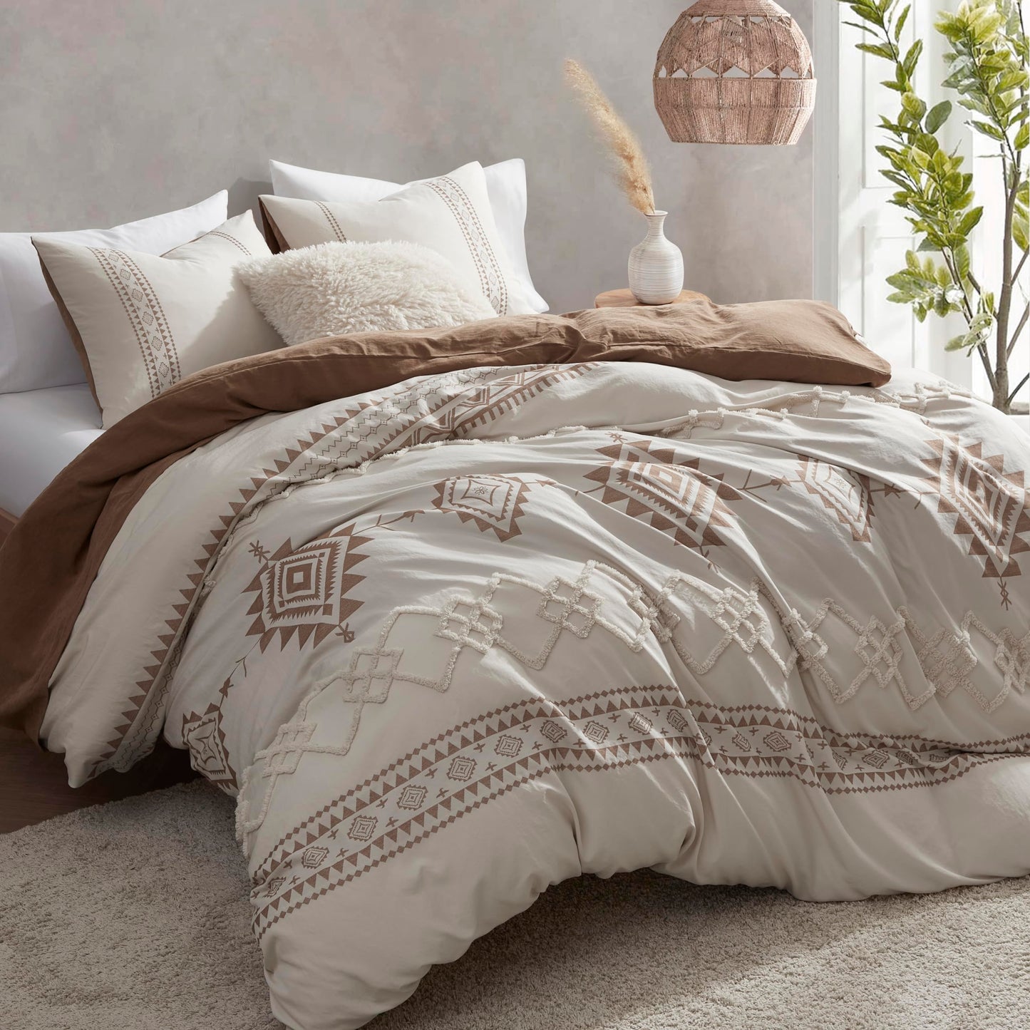 Oli Anderson Boho Duvet Cover Set Queen Size, Beige and Terracotta Color Clash 3 Pieces Microfiber Bedding Set, Durable and Super Soft Duvet Covers with Zipper and Ties, 90"*90"