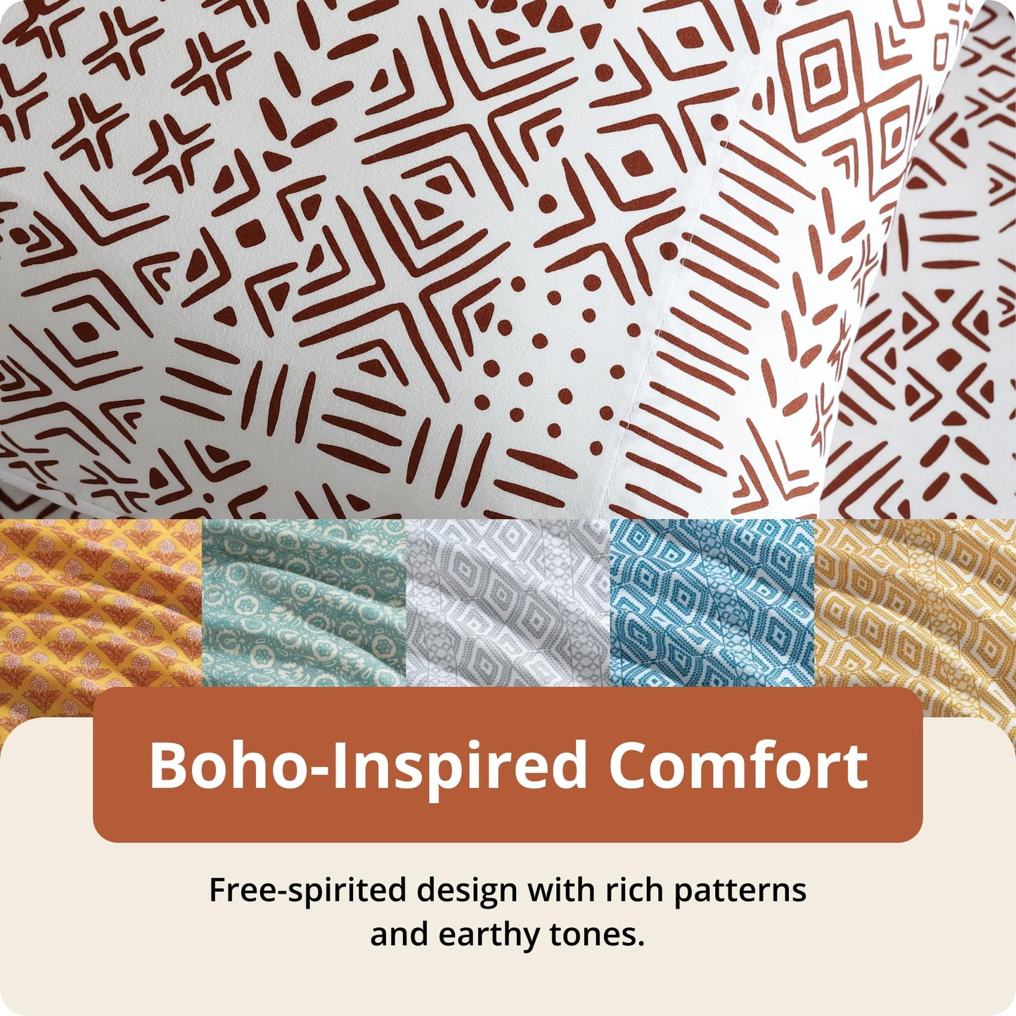 Indigo Ink Queen Size 4-Piece Sheet Set - Fitted & Flat Sheets & Pillowcases, Boho Pattern, Soft & Breathable, Durable, Wrinkle Resistant, Deep Pocket Sheets, White Denim Collection, Spice