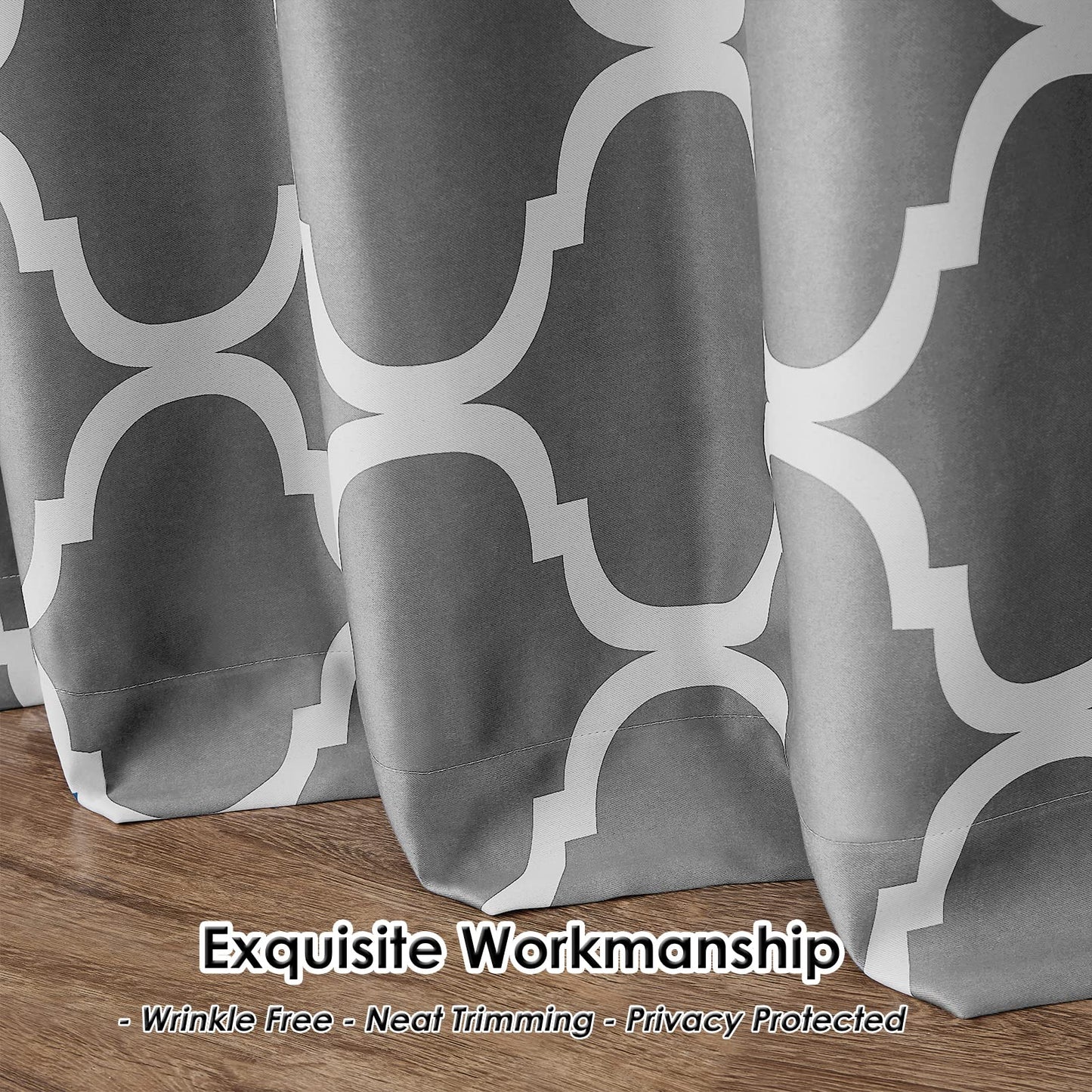 Melodieux Moroccan Printed Room Darkening Blackout Grommet Curtains for Living Room Bedroom, 52 by 84 Inch, Grey (2 Panels)