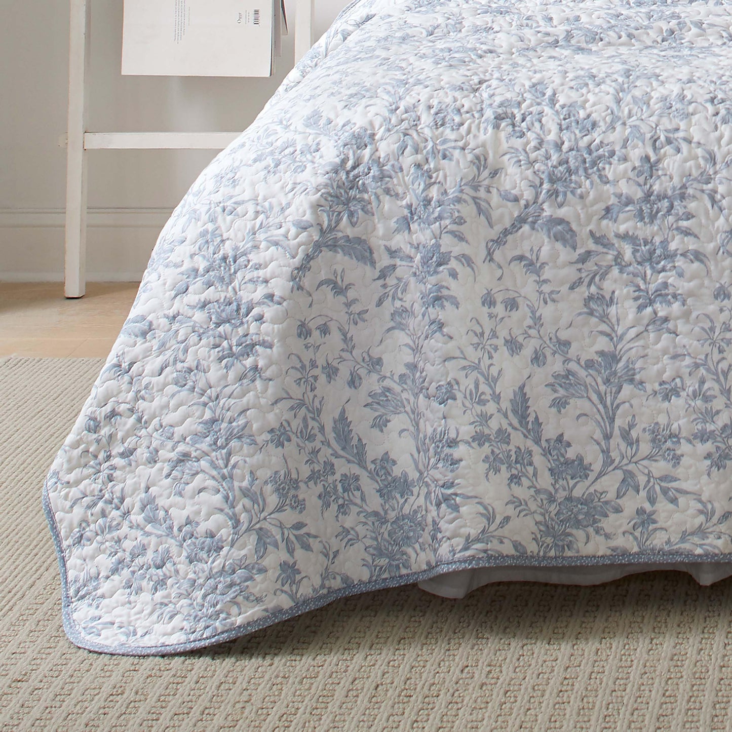 Laura Ashley – Twin Quilt Set, Soft & Lightweight Toile Bedding with Matching Shams, Reversible Floral Room Decor, College Dorm Room Essentials (Amberley Soft Blue)