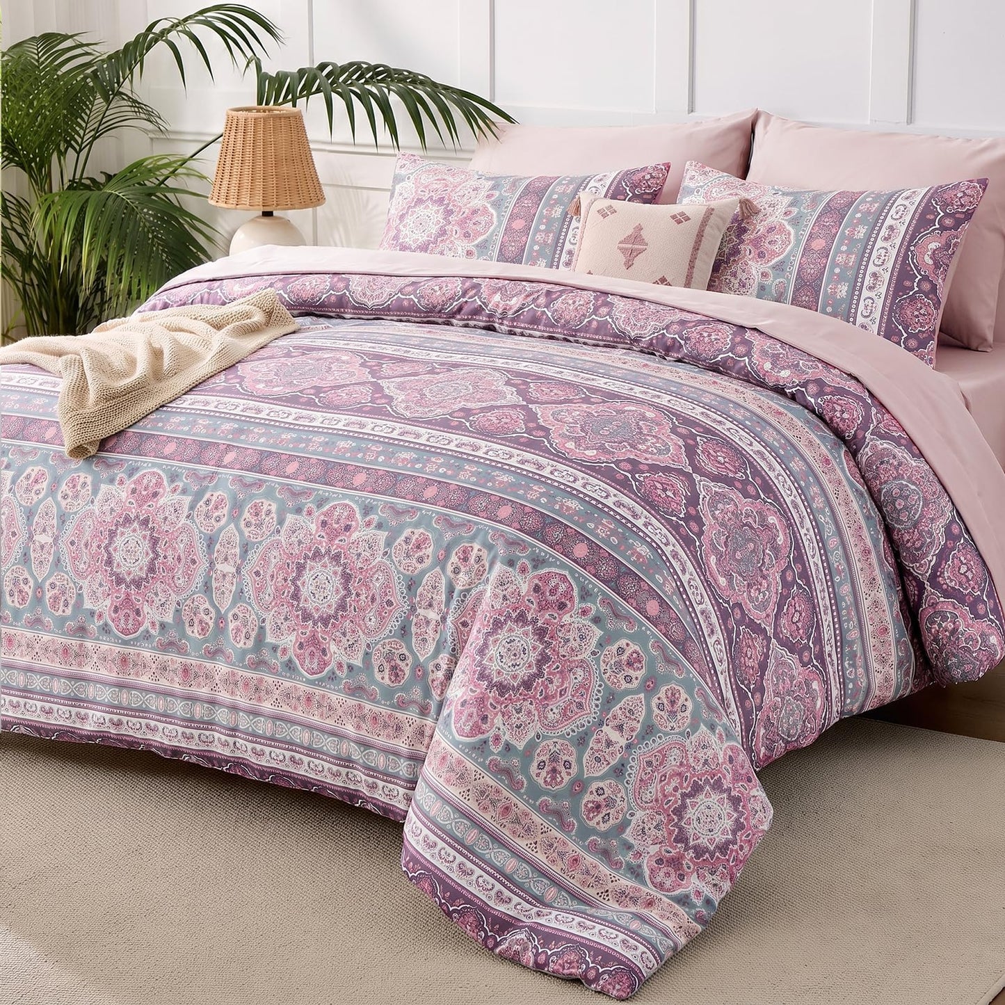 JOLLYVOGUE Queen Comforter Set 7-Piece, Bohemian Bed in a Bag, Sakura Pink