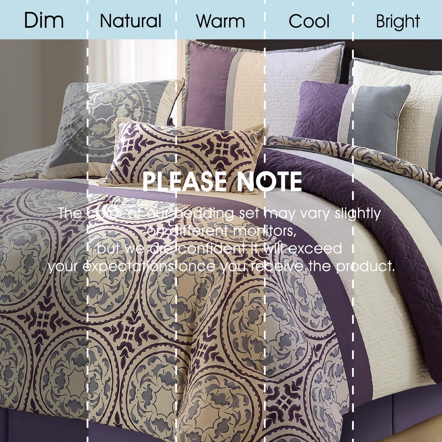 LANCO MODERN LIFESTYLE King Size Comforter Set, Purple, Soft Microfiber Print Fabric Bedding Set, Luxury Home Decor, Bed in a Bag, 7 Pieces Included Comforter, Bedskirt, Shams and Decor Pillows