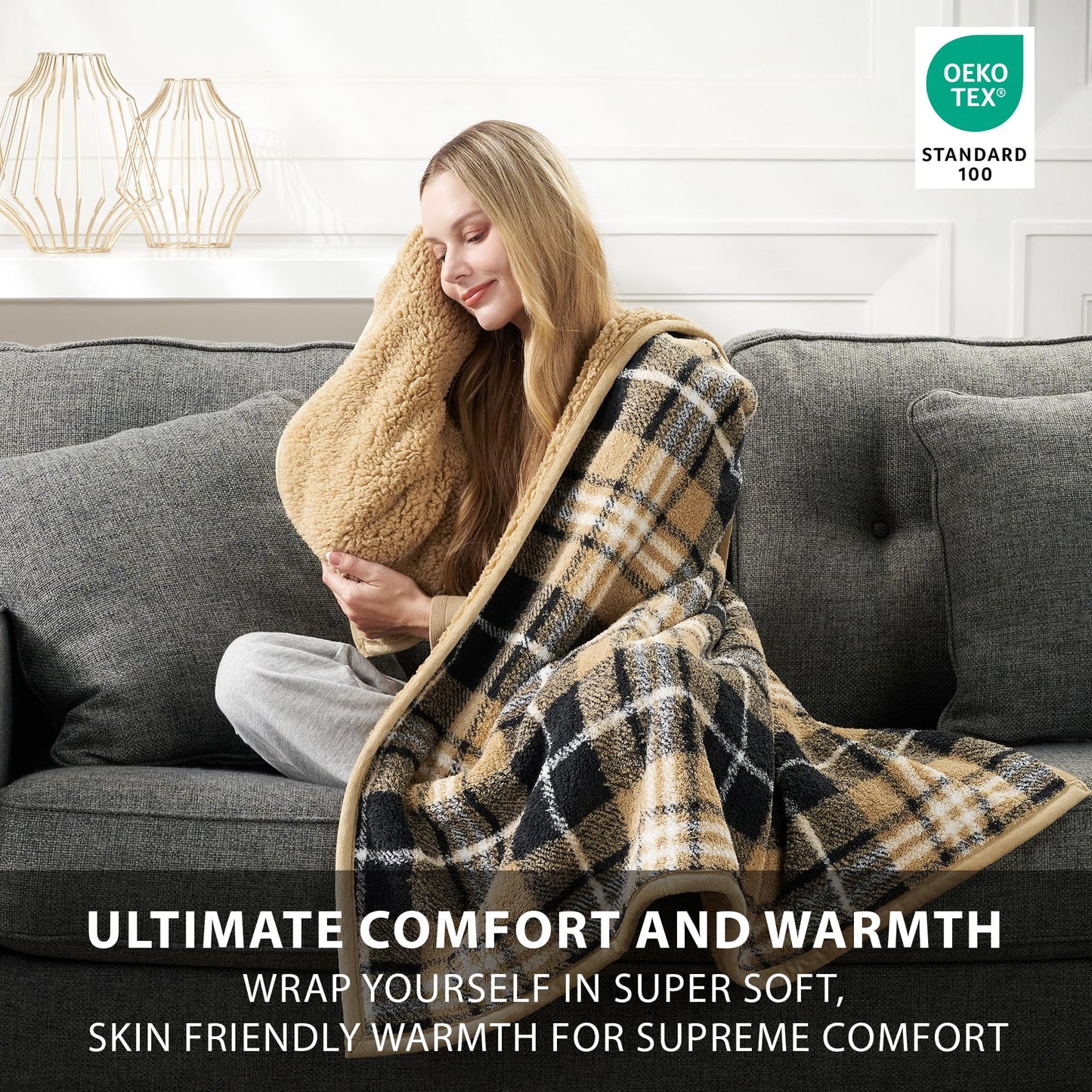 CBCHome Reversible Soft Sherpa Throw Blanket - Cute and Cozy Thick Throw for Couch, Warm Gifts for Women (Tan and Black Plaid, 50" x60")