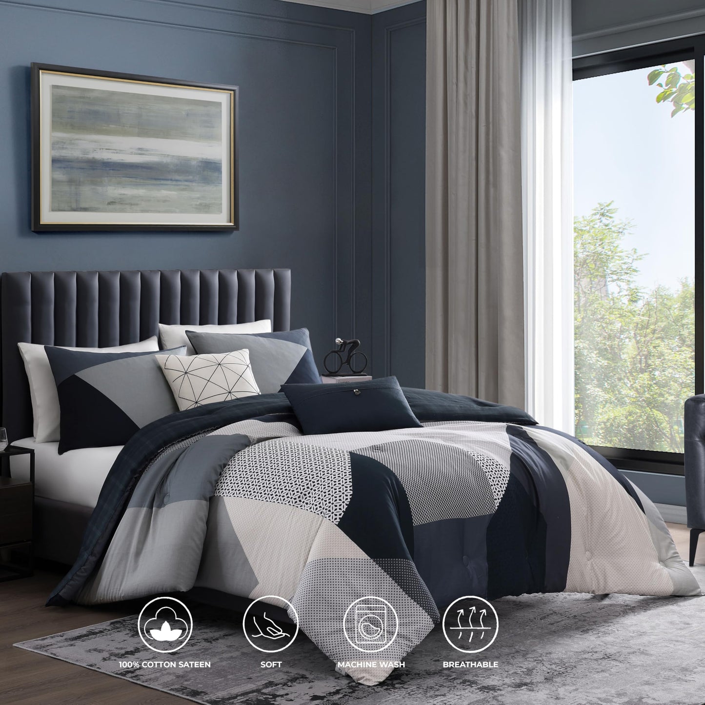 Bebejan Geo Fusion 5 Piece Comforter Set, 100% Cotton Sateen, 220 Thread Count, Patchwork Reversible Bedding Comforter Set, 1 Comforter, 2 Shams & 2 Pillows (King/Cal King)