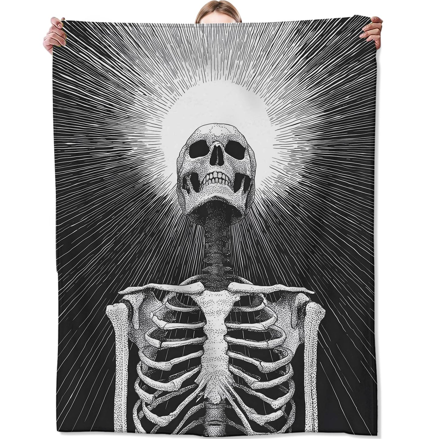 Zeleda Gothic Skeleton Fleece Blanket, Soft Throw with Black and White Skull, Lightweight Cozy Blankets for All Seasons, Goth Dramatic Home Decor and Gifts for Halloween and Adults, 50x60 Inch