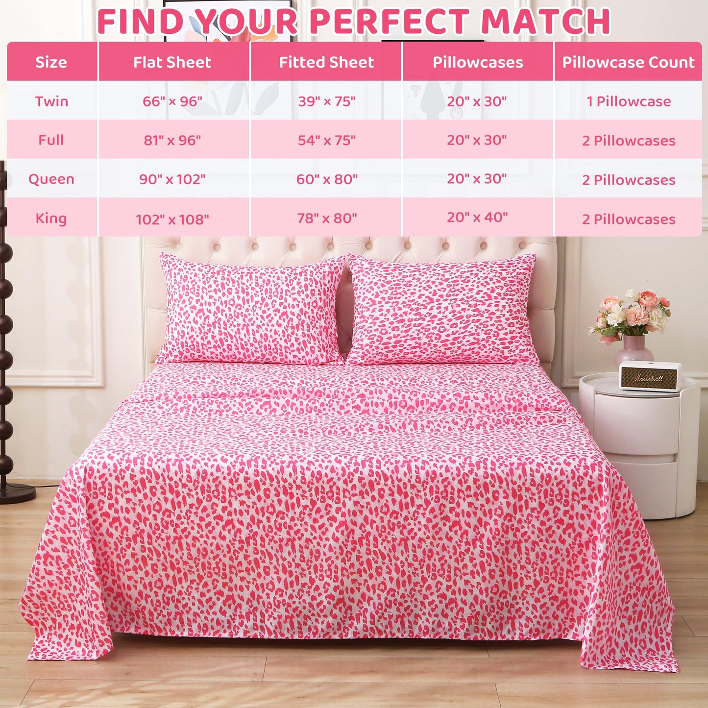 Mooreeke Leopard Cheetah Printed Full Bed Sheets, Soft Microfiber Bedding Sheets & Pillowcases, Deep Pocket Non-Slip Fitted Full Sheet, Pink Animal Pattern Bedsheets