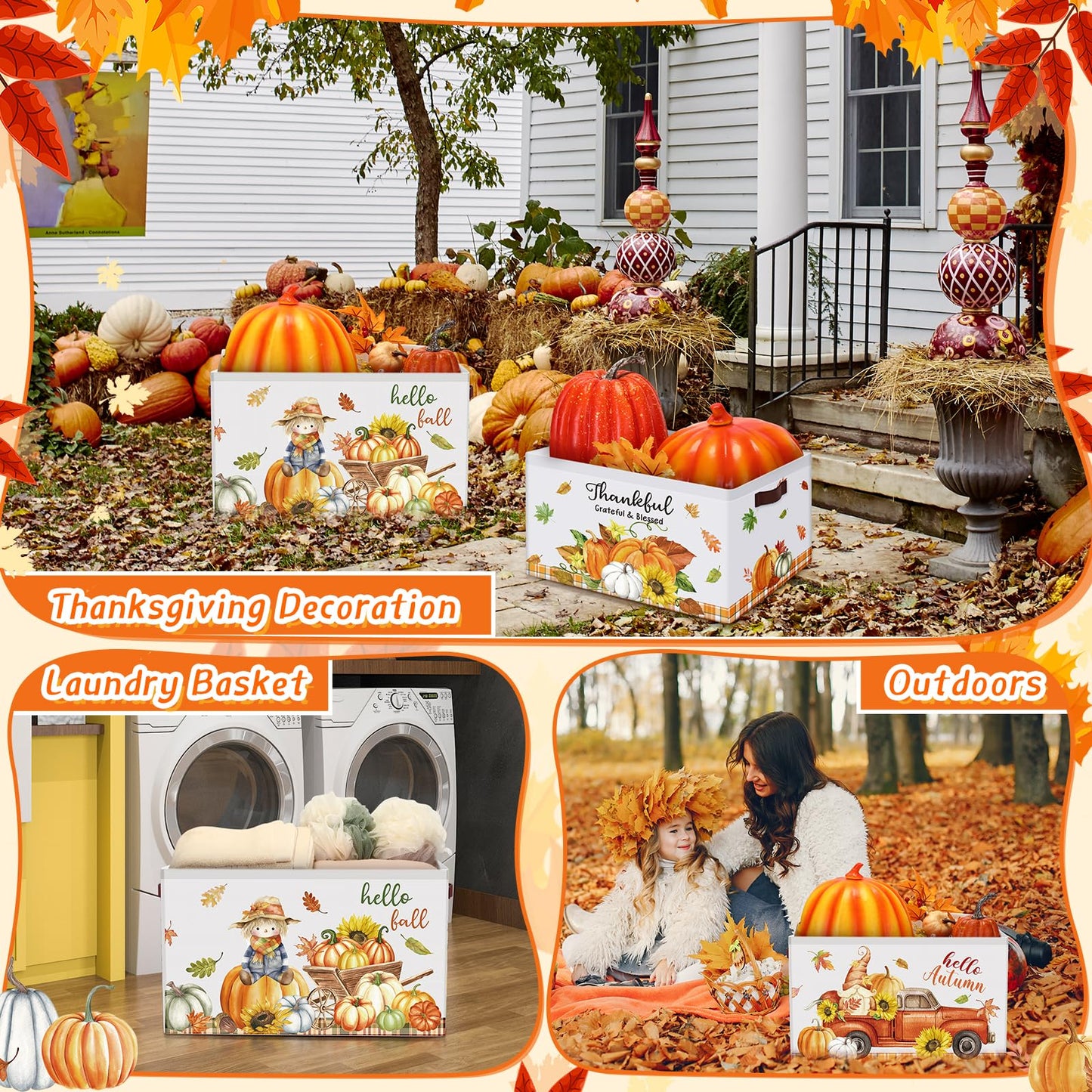 Boao 3 Pack Thanksgiving Storage Gifts Baskets Empty Autumn Storage Bins, Large Foldable Pumpkin Scarecrow Fall Harvest Canvas Laundry Basket with Handle for Office Home Nursery Bedroom Clothes