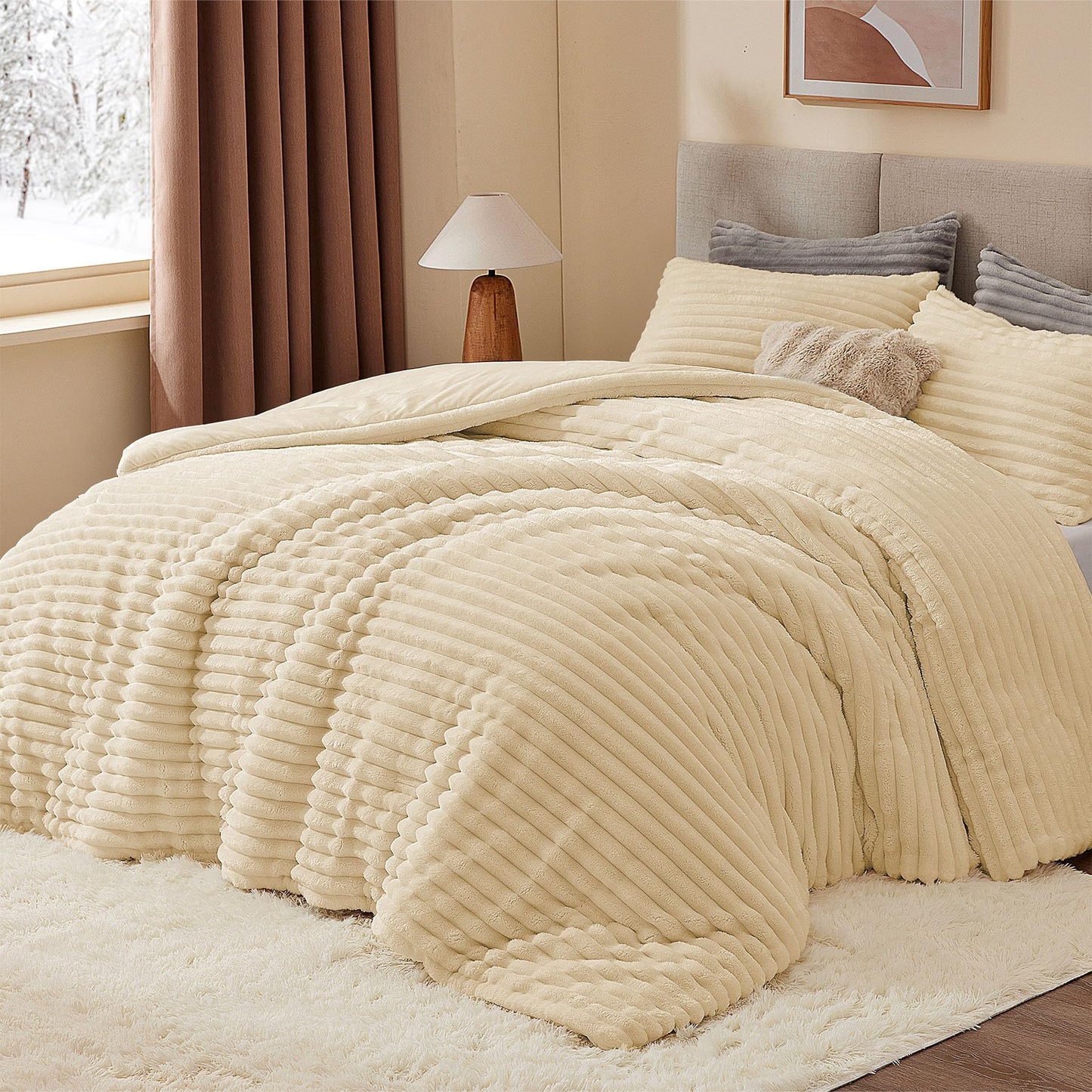 BEDELITE Fleece Queen Comforter Set -Super Soft & Warm Fluffy Beige Bedding, Luxury Fuzzy Heavy Bed Set for All Season with 2 Pillow Cases