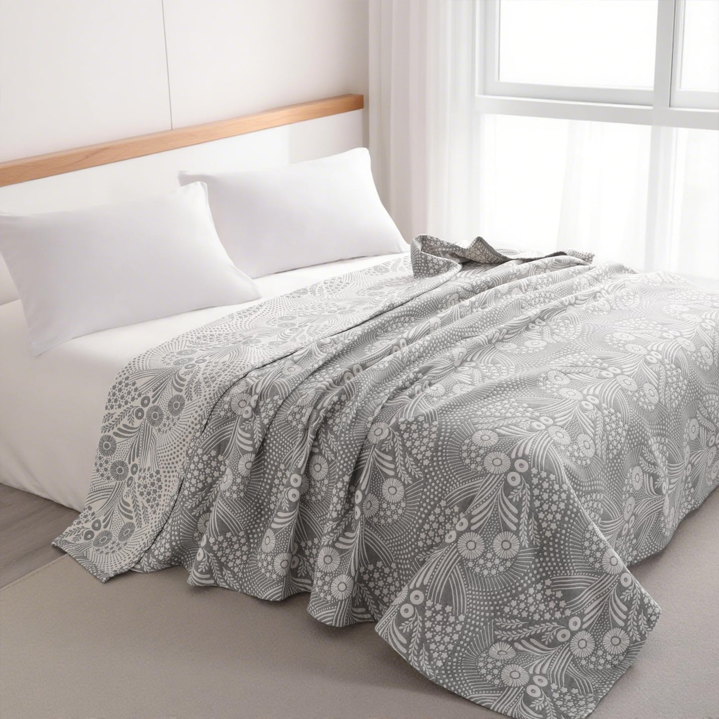 NTBAY 3 Layers Cotton Muslin 106x92 King Bed Blanket, Super Soft Breathable Thermal Yarn Dyed Quilt for Adults, Perfect Lightweight Blanket for Couch Sofa Bed All Seasons, Grey Star and Wheat