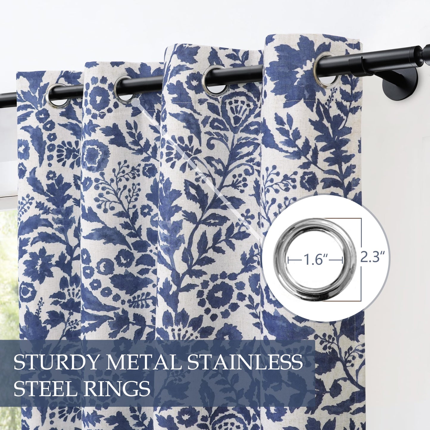 DriftAway Julia 100% Blackout Linen Curtains for Bedroom Navy Floral Watercolor Pattern Double Layer Thermal Insulated Sound Reducing Drapes for Living Room Grommet 2 Panels Each W52 x L84 Linen Navy