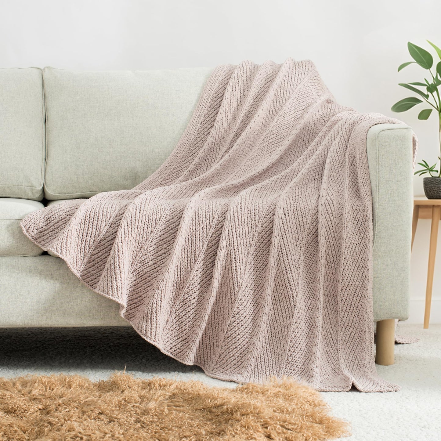 CloudDwelling Chenille Knit Throw Blanket Fluffy Fuzzy Soft Lightweight Cozy Farmhouse Chunky Knitted Throws for Couch Sofa Bed (Taupe, 50"x60")