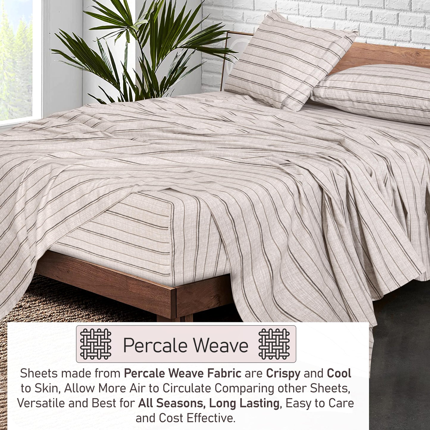 RUVANTI 100% Cotton Percale Sheets, Full Size, Brown Stripes