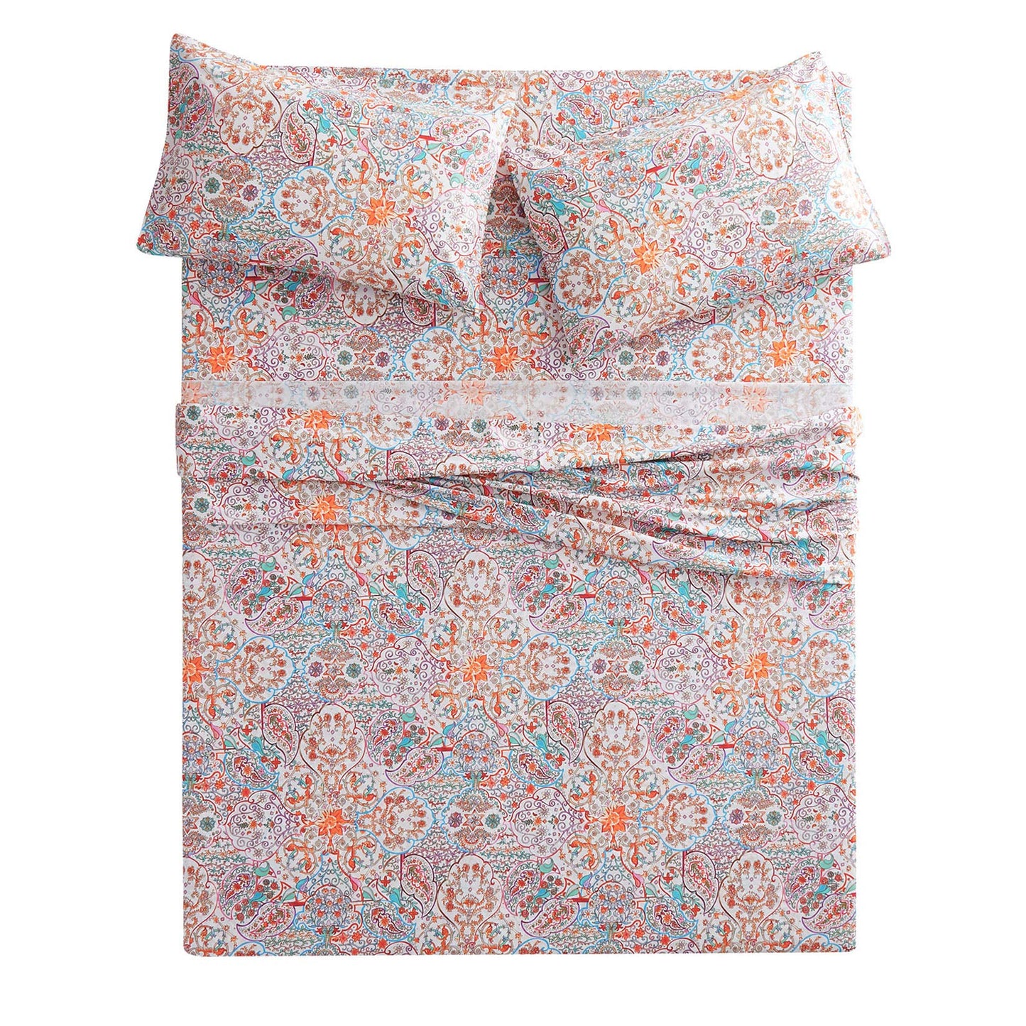 Wake In Cloud - Boho Bed Sheets, 100% Cotton, 4-Piece Sheet Set, Bohemian Hippie Chic Paisley Patterned Aesthetic Bedding, Deep Pocket, Turquoise Orange, Queen Size