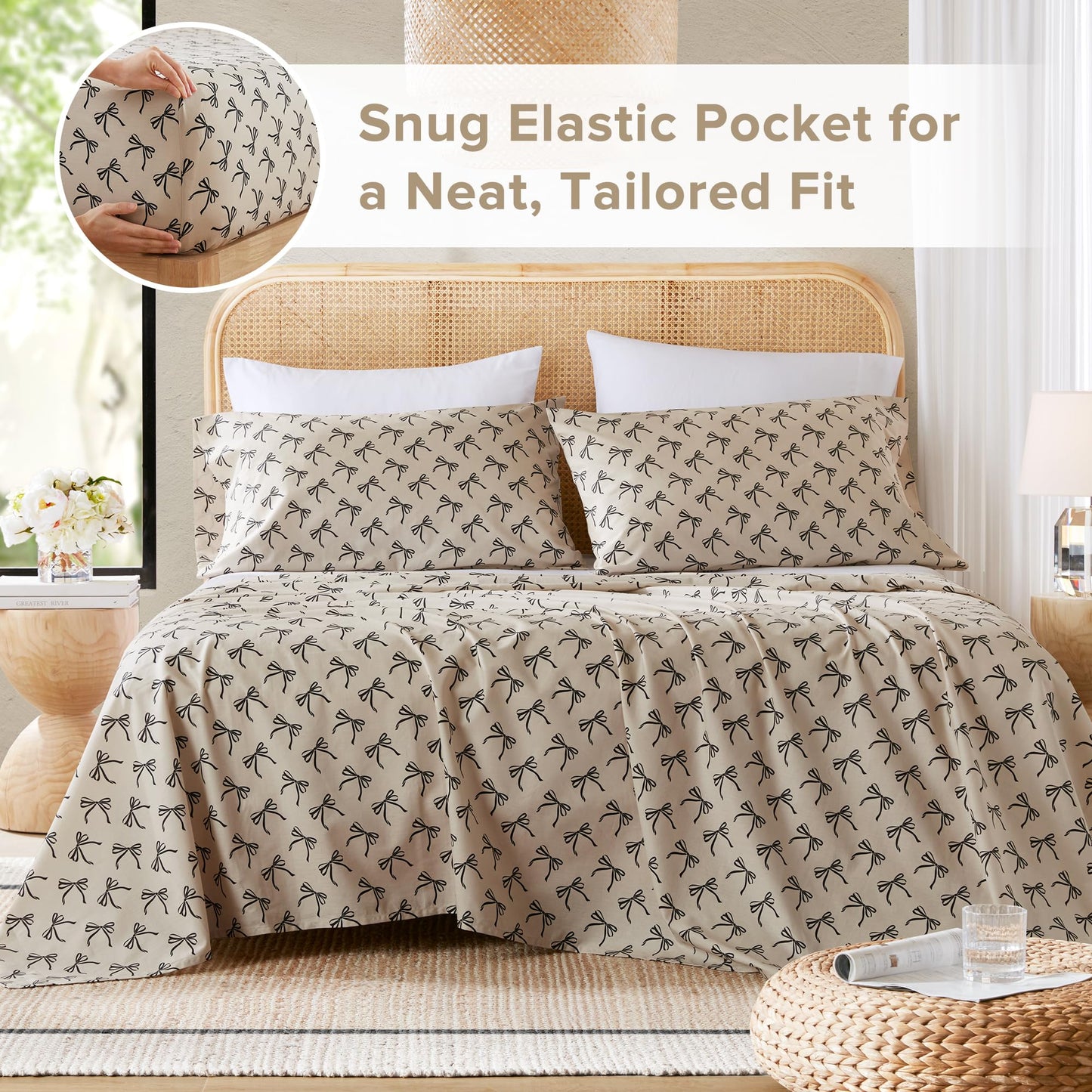 Comfort Spaces 100% Cotton Sheets Full, Breathable, Naturally Cool Cotton Sheets, Soft Cotton Bed Sheets with 14" Elastic Pocket Fits up to 16" Mattress, All Seasons Sheet Set, Bow Black/Taupe 4 Piece