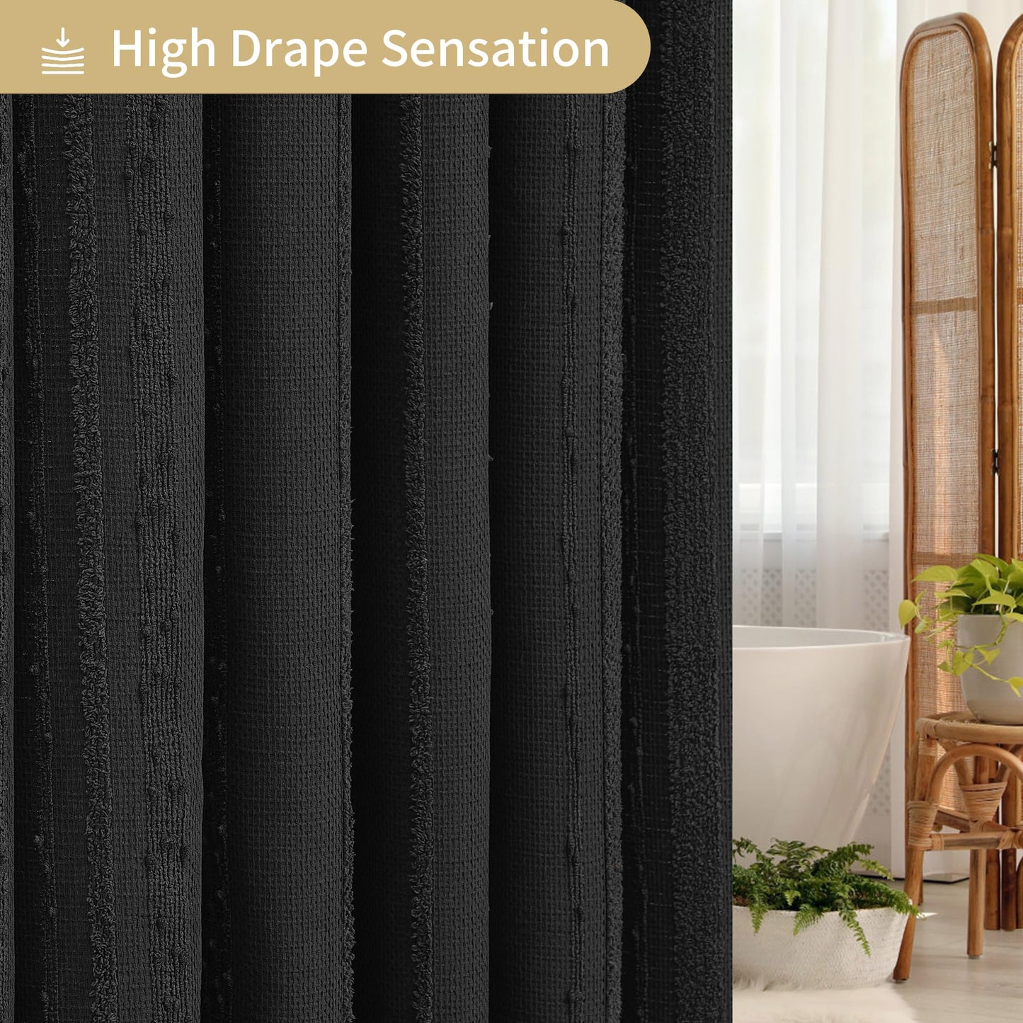 Lameirose Black Shower Curtain Boho, Cotton Blend Waffle Shower Curtains Textured, Fabric Shower Curtain for Bathroom, Hotel, Washable,72 x 72