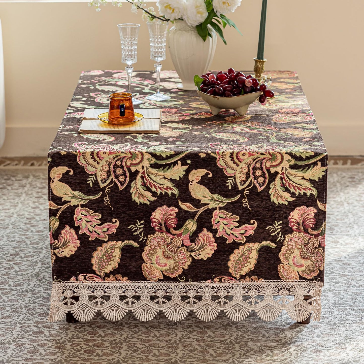 KEEMIR French Country Coffee Table Cover - Hand Embroidered Tropical Floral Chenille Non-Slip Rectangle Table Cloth for Living Room(Palmera Brown,63" L x 23.7" W)