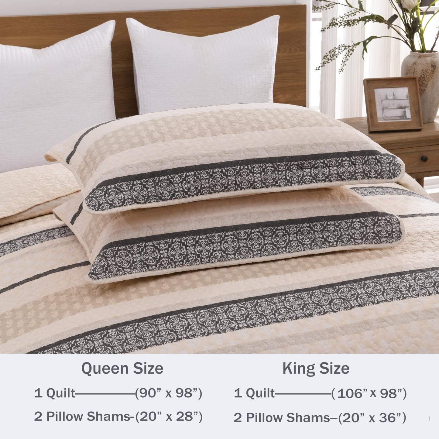 Homzard King Size Comforter Set, Cotton Quilt, Beige and Grey Bedding Set,Lightweight Striped Bedspread, Reversible Coverlet King Size (106"X98") with 2 Pillow Shams All Season