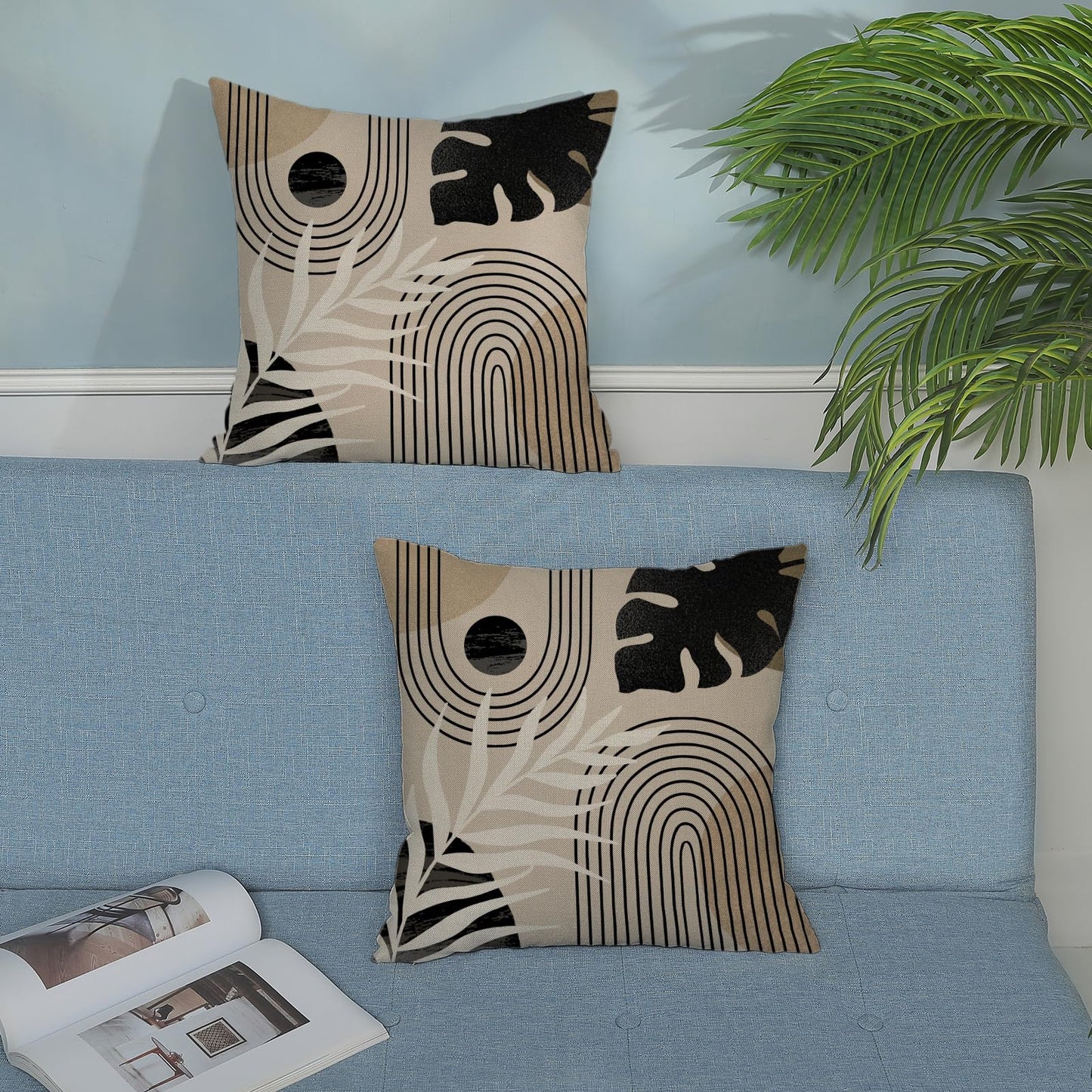 DAFENA Black Boho Pillow Covers 18x18 Inch 2 Pcs Beige Brown Tropical Leaf Mid Century Summer Outdoor Decor Throw Pillows Modern Geometry Farmhouse Decoration Pillowcase Linen Cushion Cover for Couch