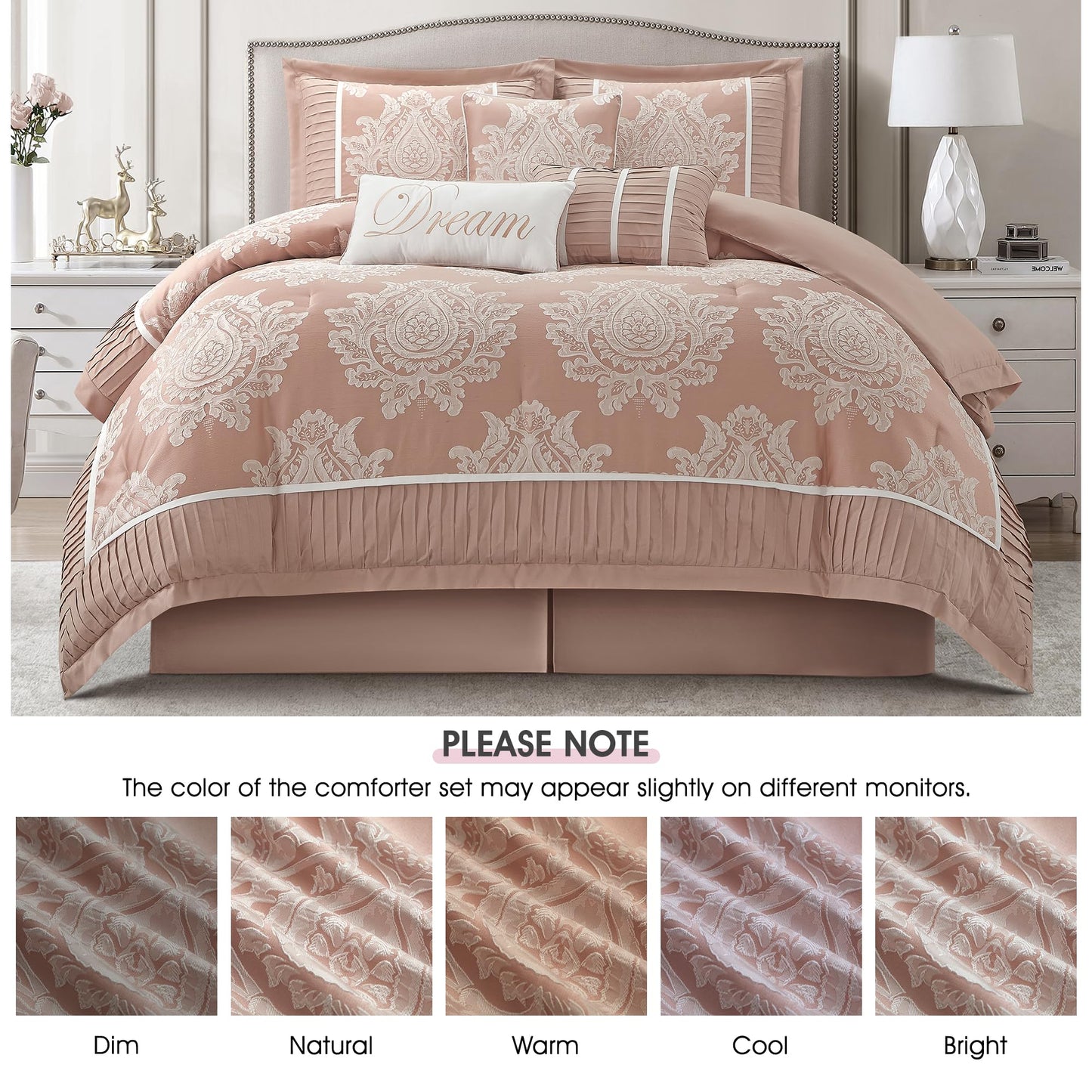 LANCO MODERN LIFESTYLE Blush Queen Comforter Set 7 Pieces, Jacquard Woven with Damask, Bedding Set in a Bag Includes Comforter, Bed Skirt, Pillow Shams, and Decorative Pillows