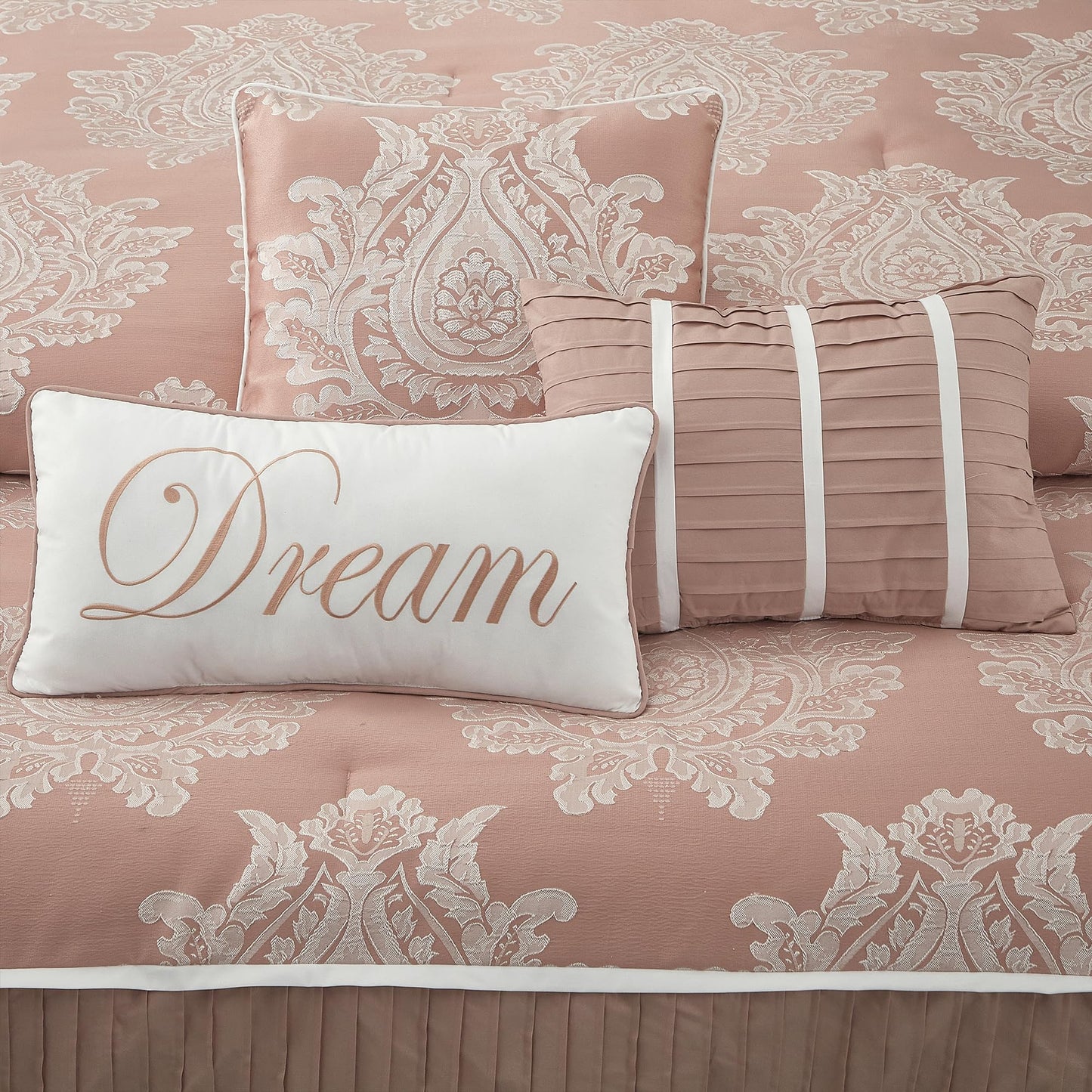 LANCO MODERN LIFESTYLE Blush Queen Comforter Set 7 Pieces, Jacquard Woven with Damask, Bedding Set in a Bag Includes Comforter, Bed Skirt, Pillow Shams, and Decorative Pillows