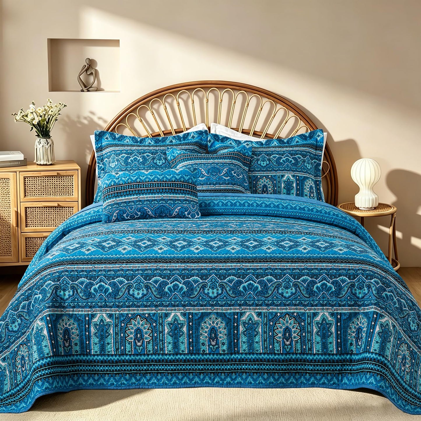 TWINRUN Cotton Quilts California King Size Set, 3 Pieces California King Quilt Bedding Set (108 x 118 Inch), Lightweight Boho Oversized King Size Bedspread, Blue Stripes Cotton Quilts for All Seasons