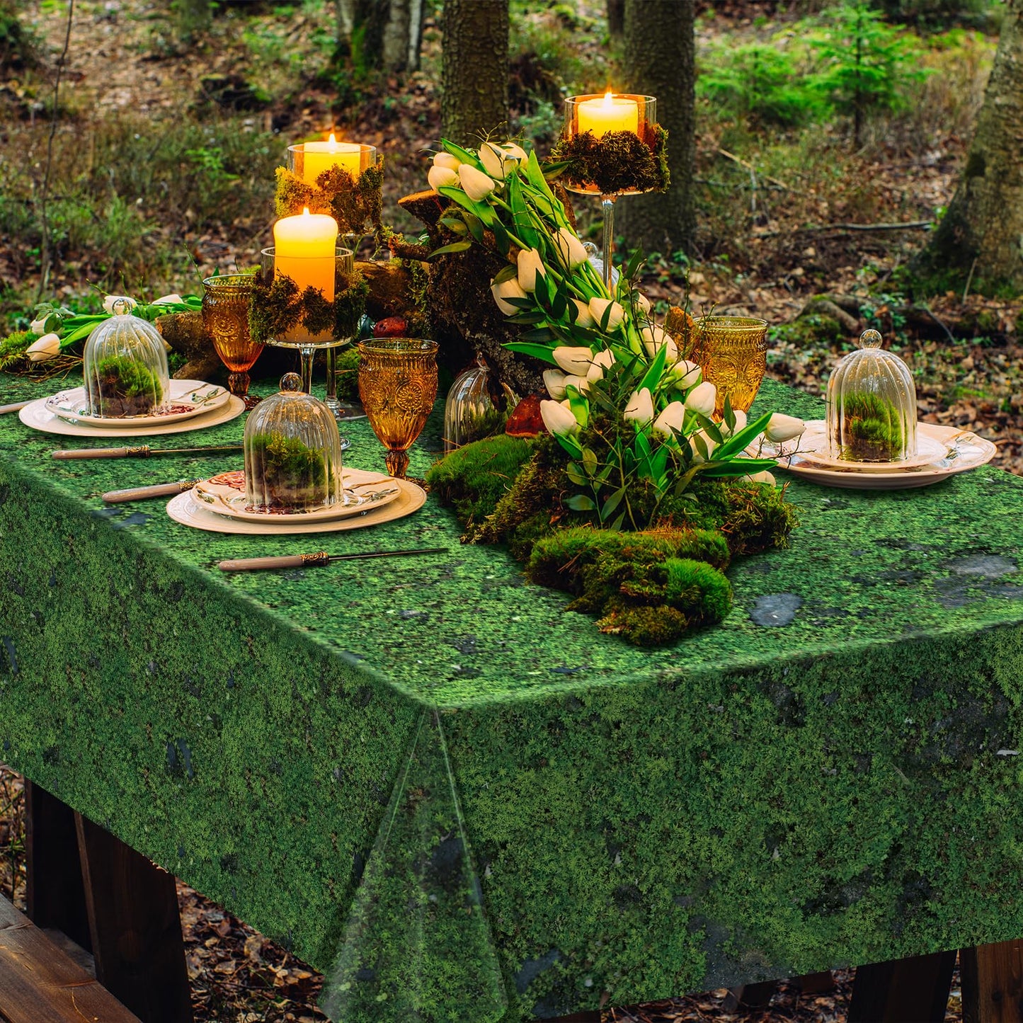 YIDAKO 3Pcs Green Moss Plastic Tablecloths Grass Green Leaf Table Cloth Disposable Rectangle Table Cover for Soccer World Cup Nature Forest Jungle Golf Theme Party Decorations, 54 X 108inch