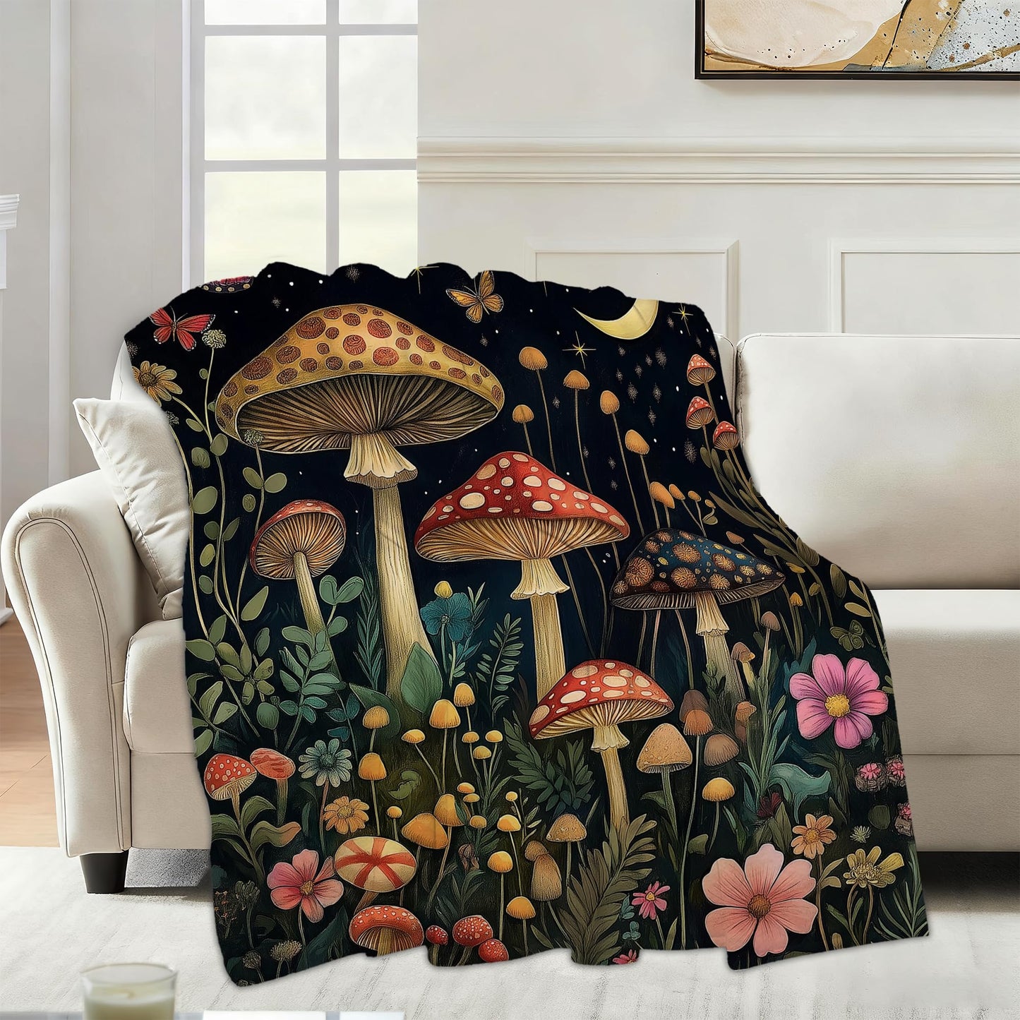 Forest Mushroom Sofa Throw Blankets,Wildflower Butterfly Soft Cozy Fuzzy Lightweight Travel Blanket,Flannel Fleece Fall Throw Blanket for Couch,Bed,Camping,Movie Nights,Watching TV 50 X 60 Inch