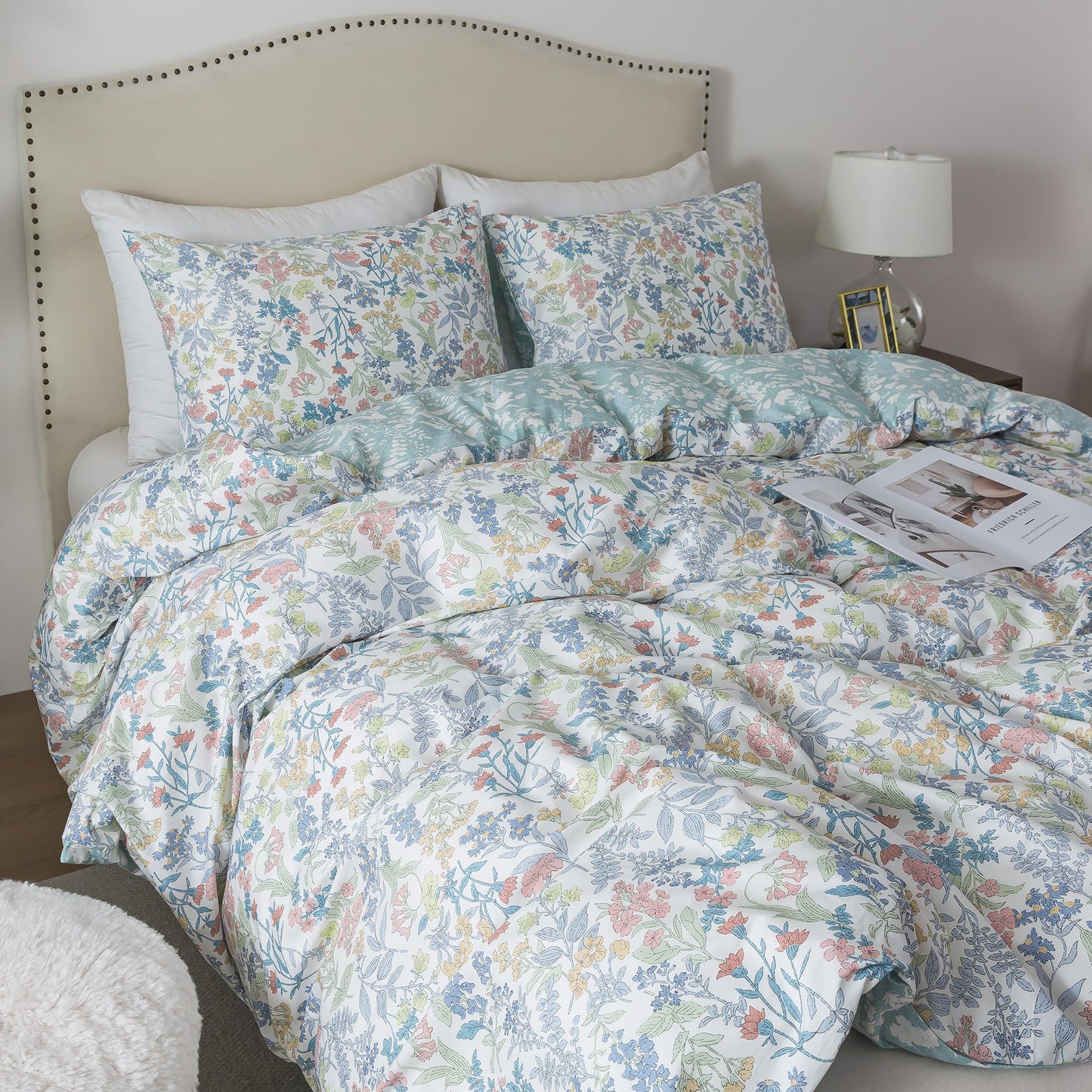 HoneiLife Cotton King Duvet Cover - Floral Comforter Cover 3-Piece, Botanical Bedlinen Set with Zipper Closure & Corner Ties, Wildflower Comforter Cover Sets All Season Use
