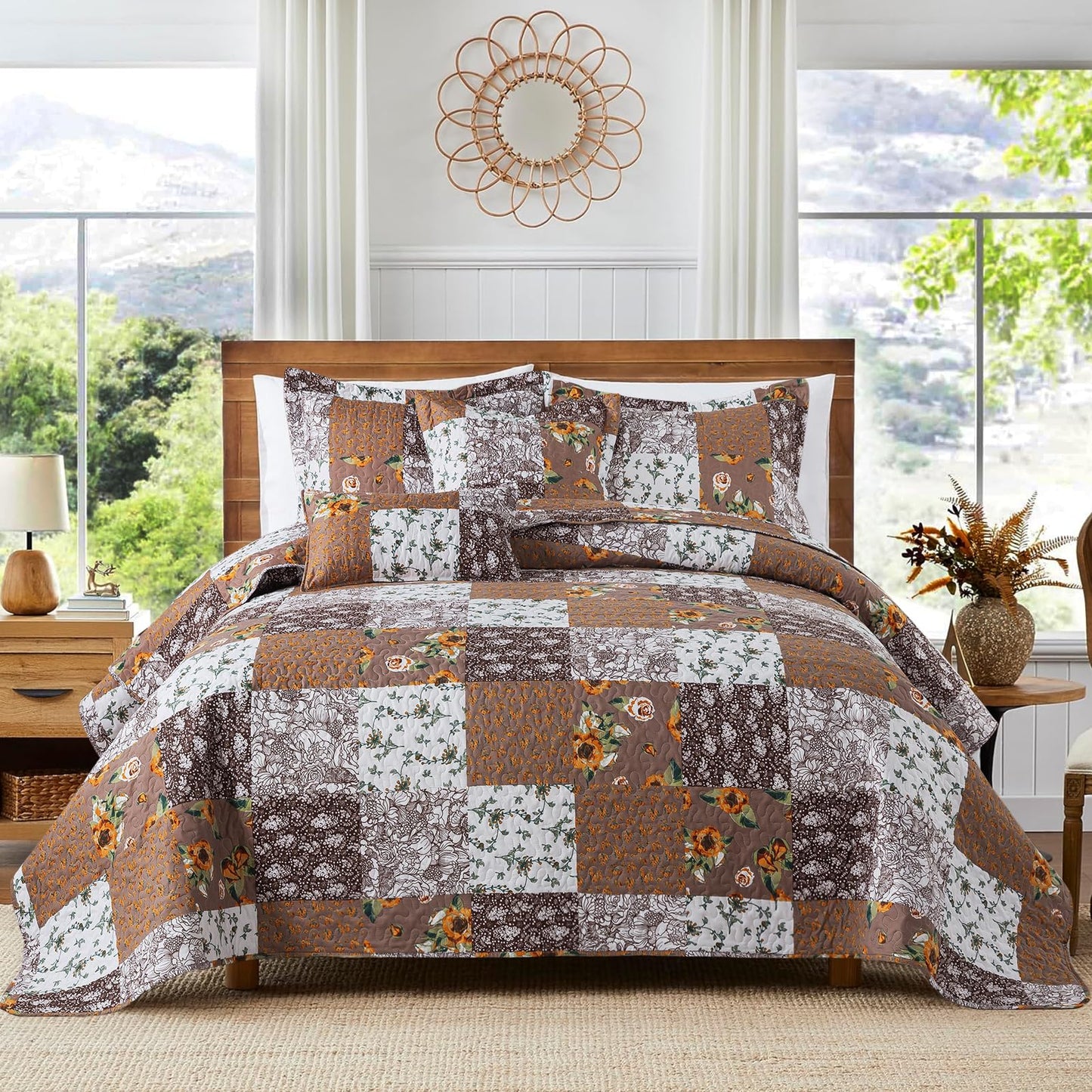 VAPUTAR Quilts Queen Size, Quilt Bedding Set with Floral Pattern, Soft and Breathable Coverlet Set, Lightweight Reversible Bedspread Suitable for All Season (90X98 inch, Brown)