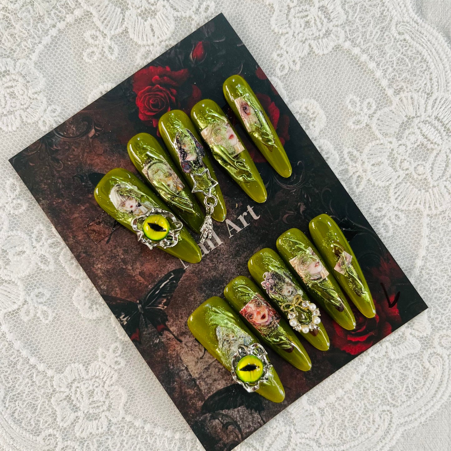 Press on Nails Handmade Nails 10Pcs Dark Gothic Style Manual Press on Nails Green Sculpture Fake Nails for Women Party Holiday Photo 4.0CM Size S
