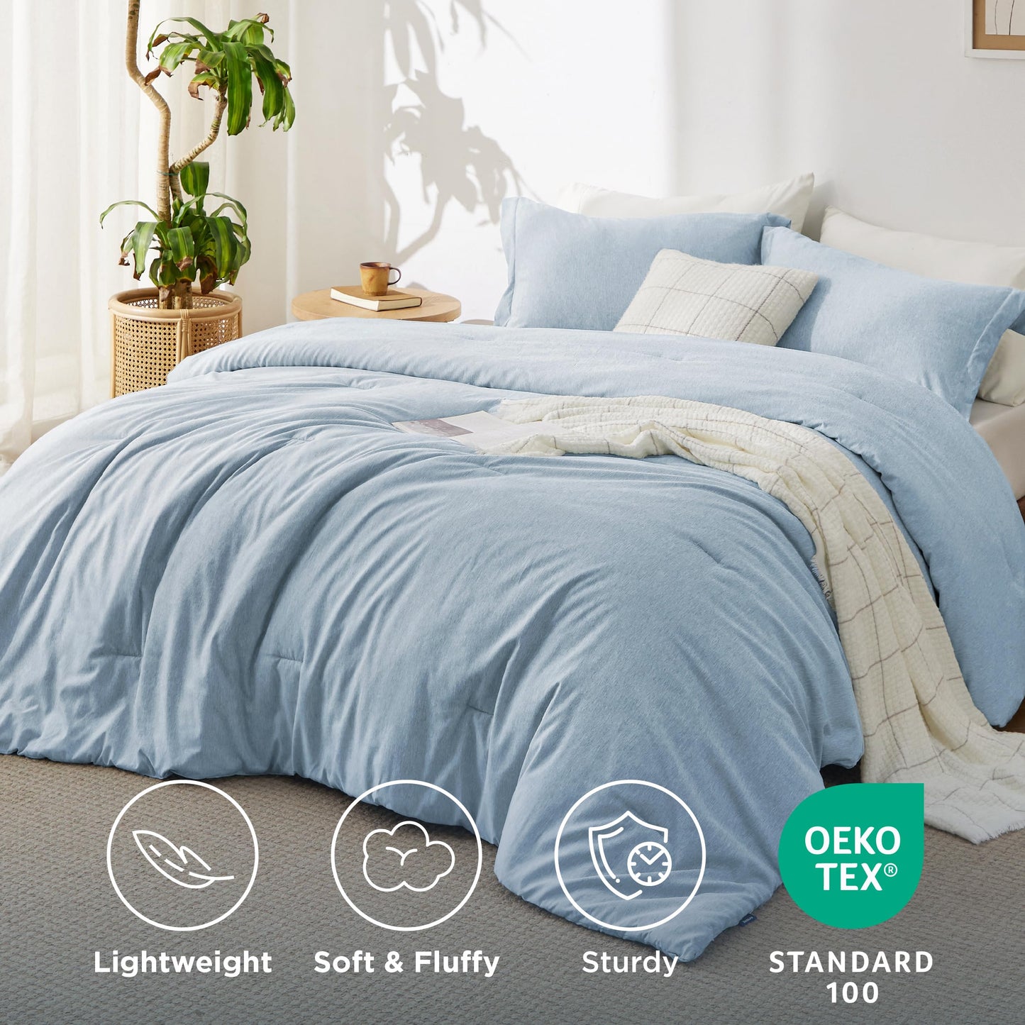 Bedsure Queen Comforter Set - Light Blue Soft Bedding for All Seasons, Cationic Dyed Bed Set, 3 Pieces, 1 Queen Size Comforter (90"x90") and 2 Pillow Shams (20"x26"+2")