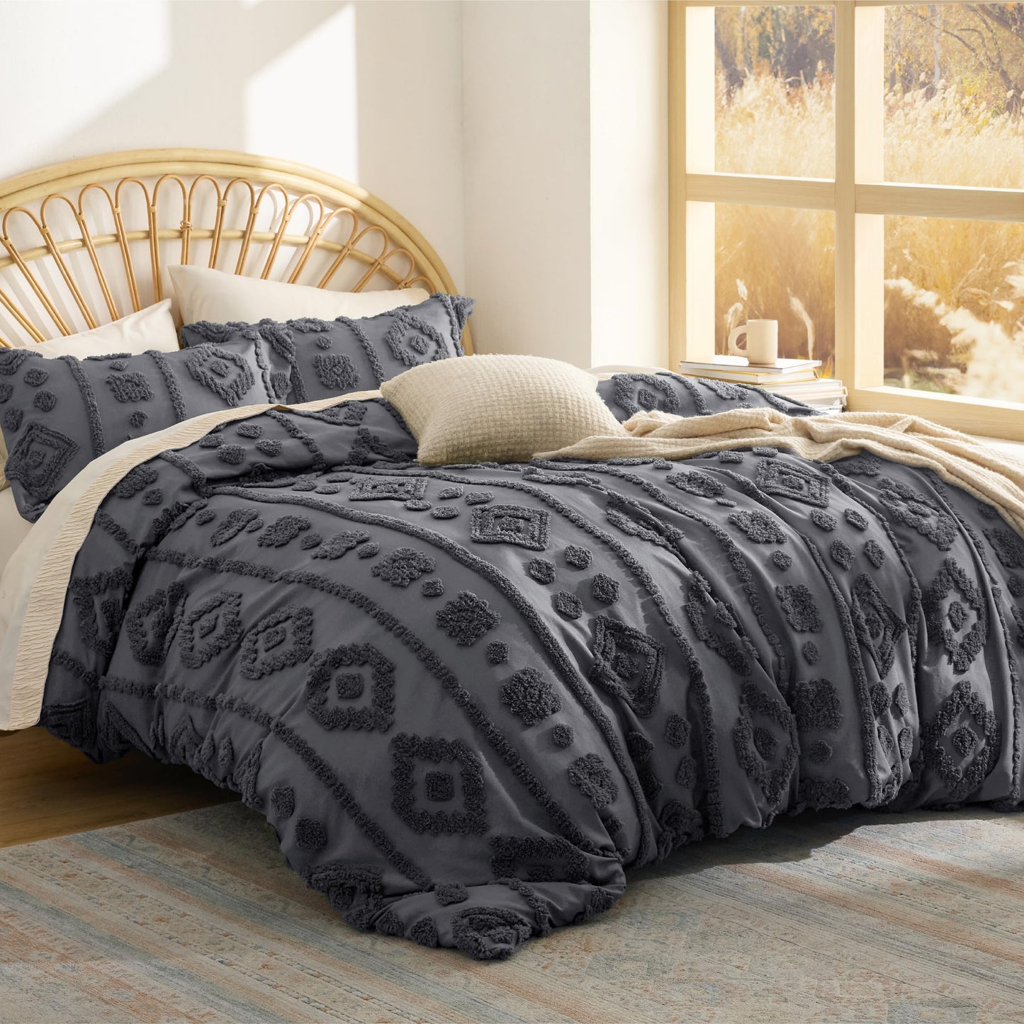Bedsure Boho Tufted Grey Comforter King Size, GentleSoft™ 3 Pieces Boho Farmhouse-Style Decor Bedding, Exquisite Bedding for All Seasons, 1 Bed Comforter, 2 Pillow Shams, 104x90 Inches