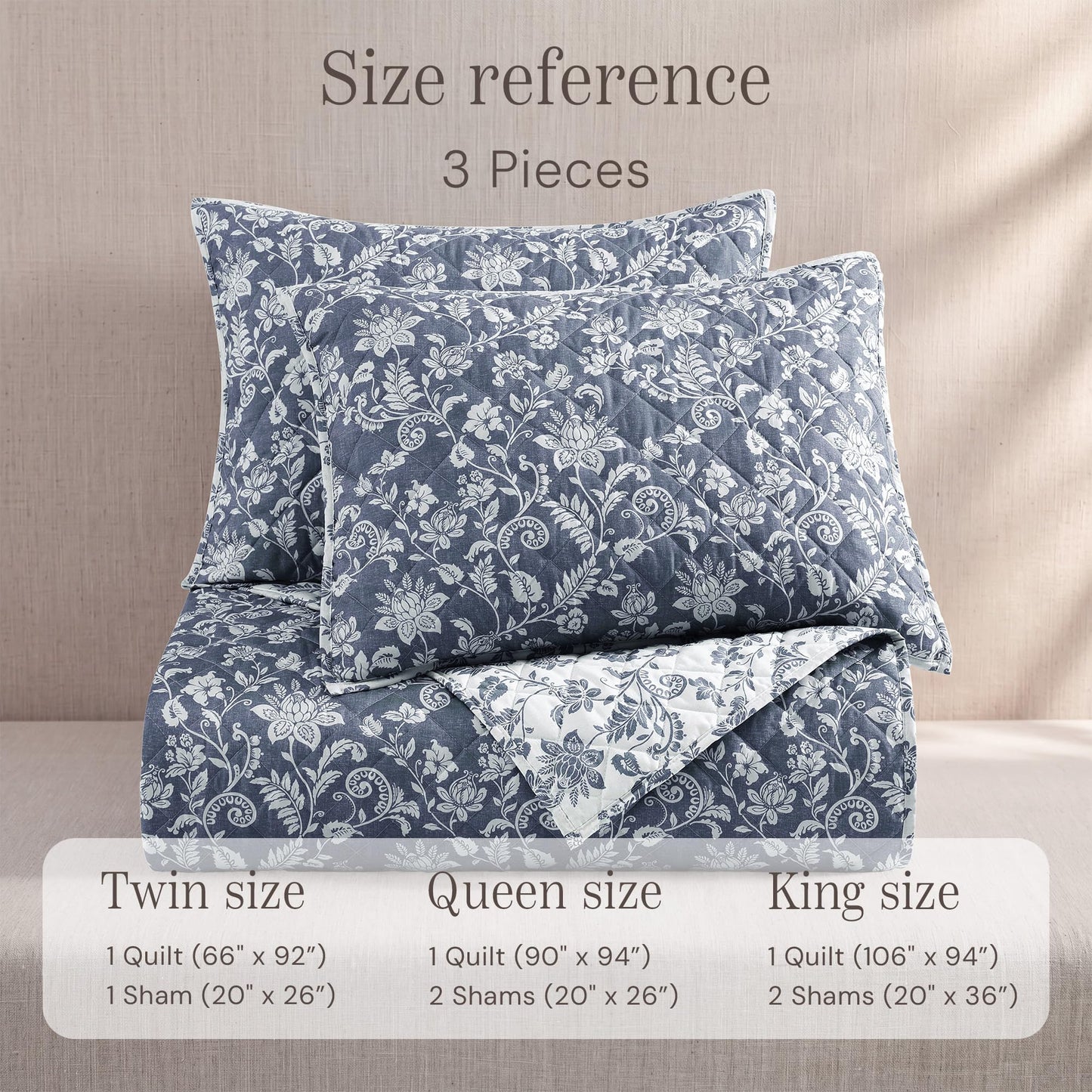 BLOOMHAVEN Quilt Set Queen Size, Oxford Blue Floral Quilt Sets, Reversible Bedspread Lightweight and Breathable for All Seasons, Soft Quilted Bedspread with 2 Pillow Shams
