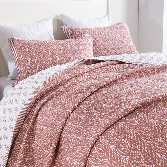 SahSahCasa Quilt Set Queen Size, 100% Cotton Quilt Bedding Set Bedspread, Botanical Pattern Solid Color Chic Lightweight Quilted Comforter for Queen Bed, White/Old Rose, All Season, 3 Pieces