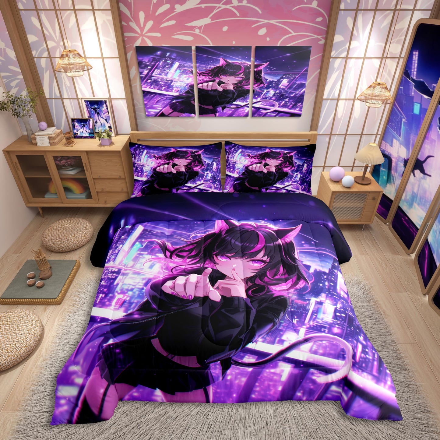 Erosebridal Kids Anime Girl Twin Size Bedding Set, Japanese Anime Comforter Set, Cartoon Girl Duvet Insert for Boys Teens Bedroom Decor, Kawaii Japanese Animation Quilt with 1 Pillow Case