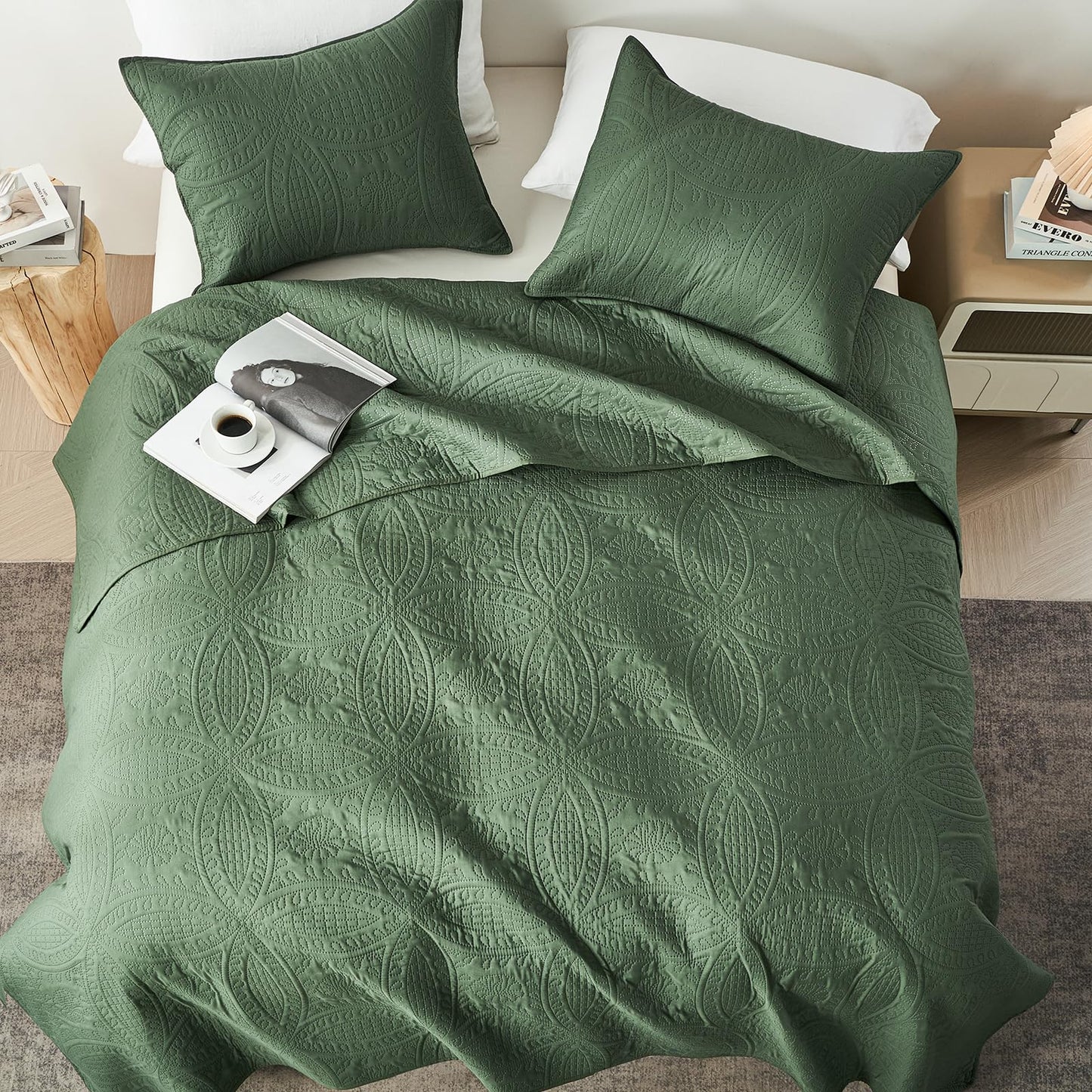 akkialla Queen Quilt Bedding Set,Olive Green Ultrasonic Full/Queen Quilt Set,Lightweight Soft Bedspread Coverlet,Modern Style Coin Pattern Bed Cover for All Seasons,3 Piece(1 Quilt,2 Pillow Shams)