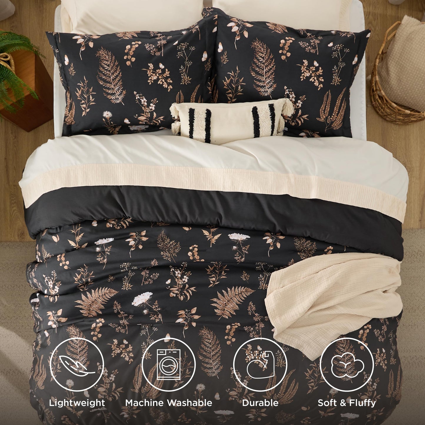 Bedsure Comforter Set King Size - Cute Floral Comforter, Black Bedding Comforter Sets, 1 Soft Reversible Botanical Flowers Comforter and 2 Pillow Shams