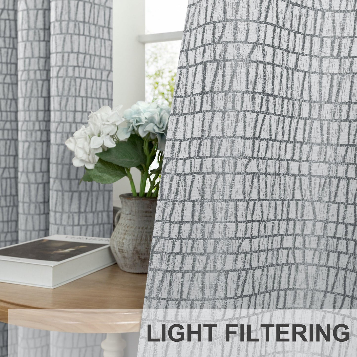 Grey and White Curtains 84 Inches Long for Living Room 50% Blackout Room Darkening Geometric Plaid Pattern Buffalo Check Modern Farmhouse Curtains for Bedroom 84 Inch Length 2 Panels Set Light Gray