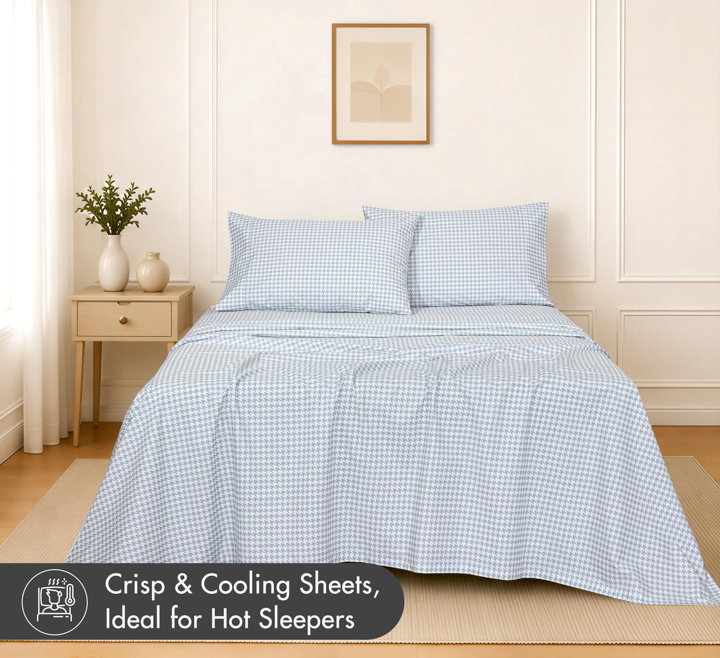 RUVANTI 100% Cotton Percale Sheets Queen Size – Crisp Cooling Bed Sheets for Hot Sleepers, Deep Pocket 16”, Soft Breathable & Durable Hotel-Style 4 Piece Set, Houndstooth