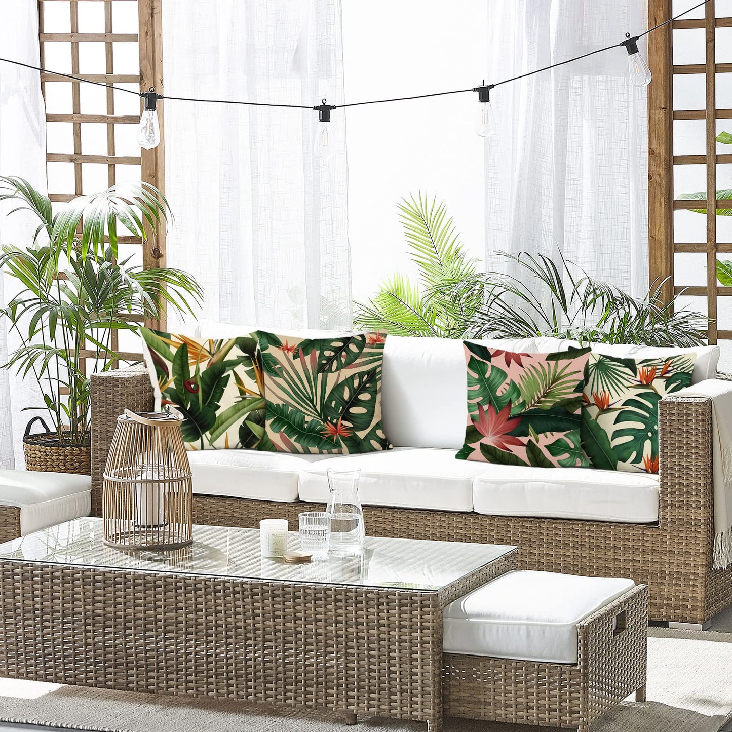 Bonhause Tropical Leaves Throw Pillow Covers 18x18 Set of 4 Green Palm Leaf Monstera Botanical Pillows Case Polyester Linen Cushion Covers for Outdoor Couch Sofa Patio Decor
