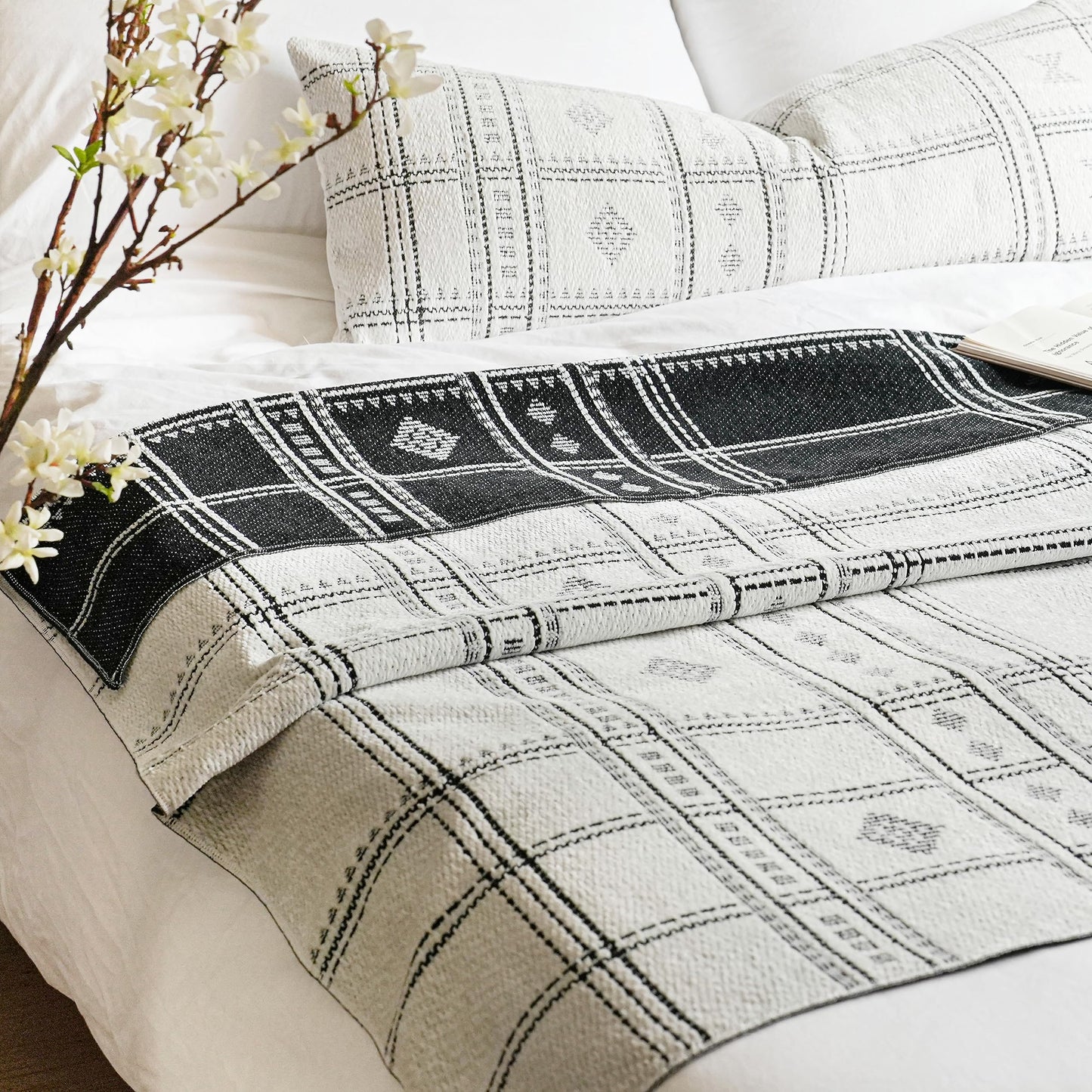 BlissBlush White Black Boho Throw Blanket, Warm Soft Comfy Chenille 55x65, Textured Dual Sided Reversible Blanket for Couch Bed, Skin Friendly