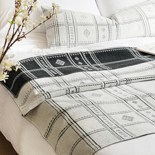 BlissBlush White Black Boho Throw Blanket, Warm Soft Comfy Chenille 55x65, Textured Dual Sided Reversible Blanket for Couch Bed, Skin Friendly