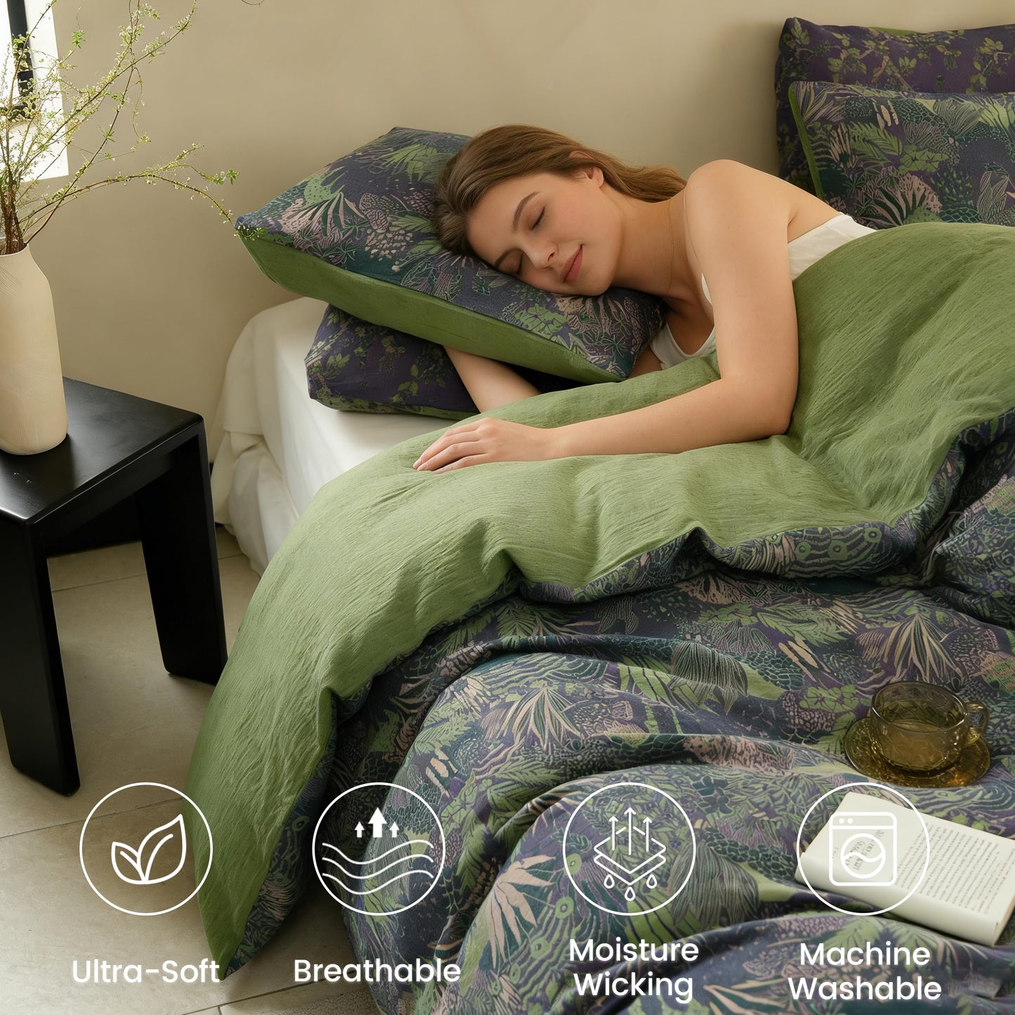 BISELINA 100% Cotton Muslin Duvet Cover Set Queen, 3 Pcs Yarn-Dyed Jacquard Textured Reversible Botanical Floral, Soft and Breathable Bedding Set with Zipper Closure, Purple Green