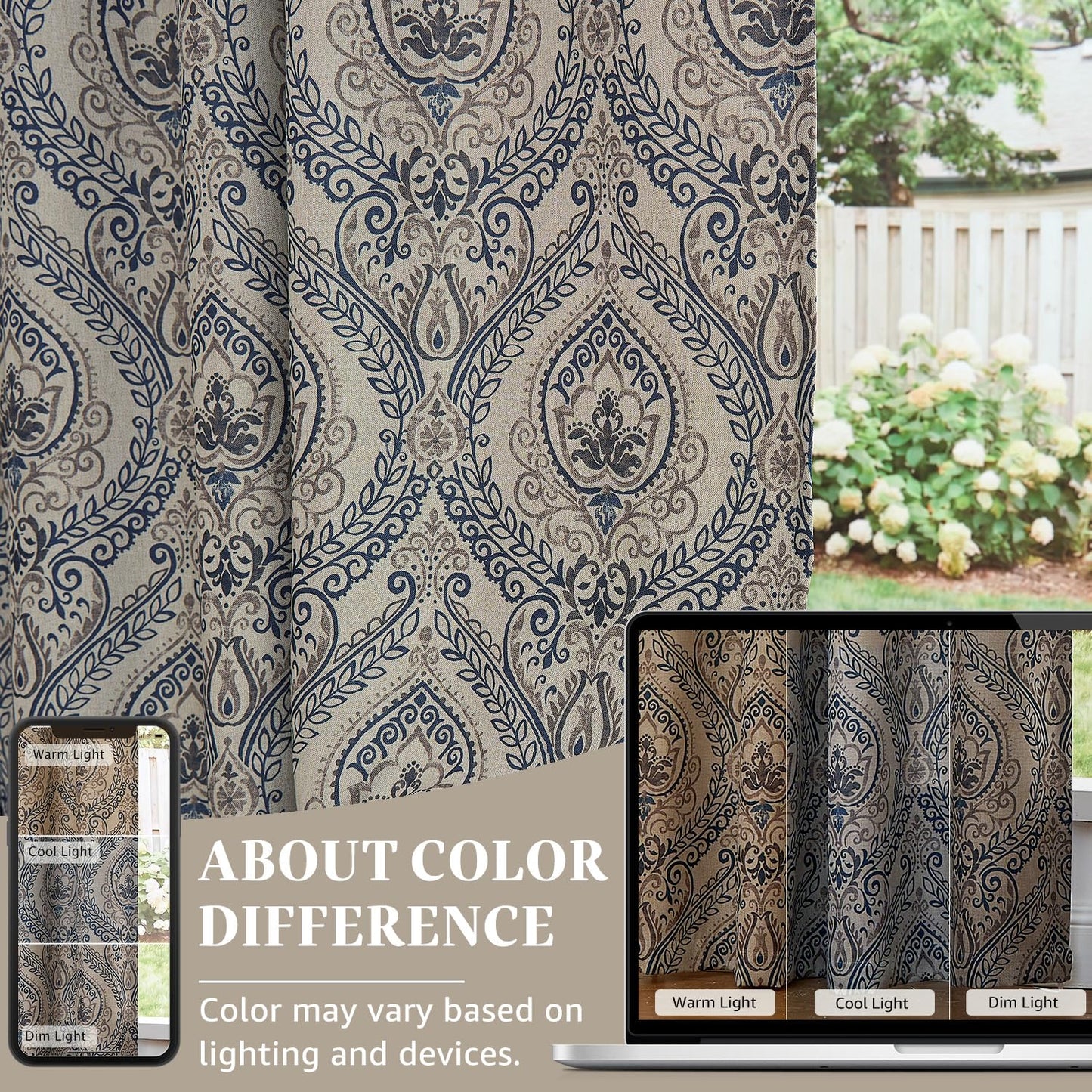 jinchan Curtains for Bedroom, Room Darkening Curtains 84 Inch Length 2 Panels Set, Linen Textured Medallion Drapes for Living Room, Vintage Damask Pattern Window Treatments, Blue on Greige
