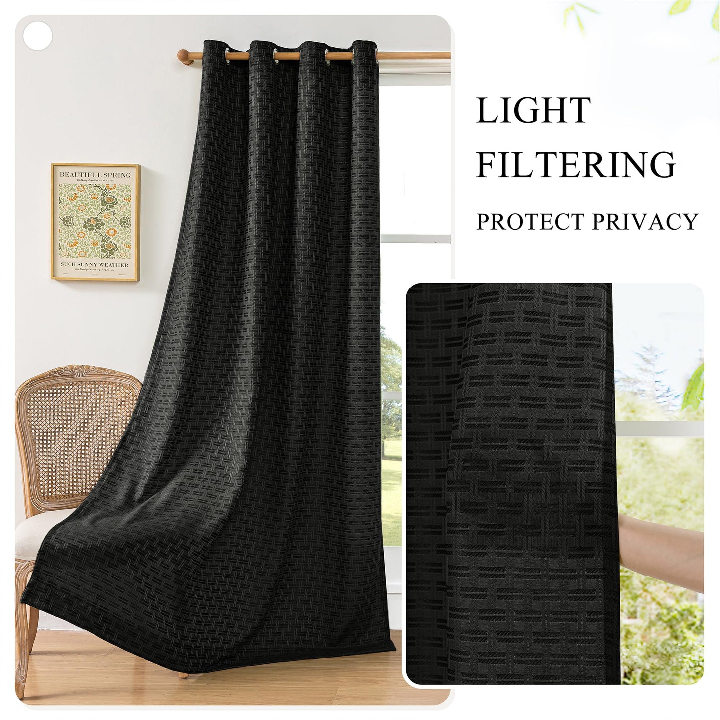 ChrisDowa Semi Sheer Linen Black Curtains 84 Inches Long 2 Panels for Living Room Dining Room Plaid Patterned Light Filtering Voile Grommet Window Treatments Drapes Privacy Assured,52X84