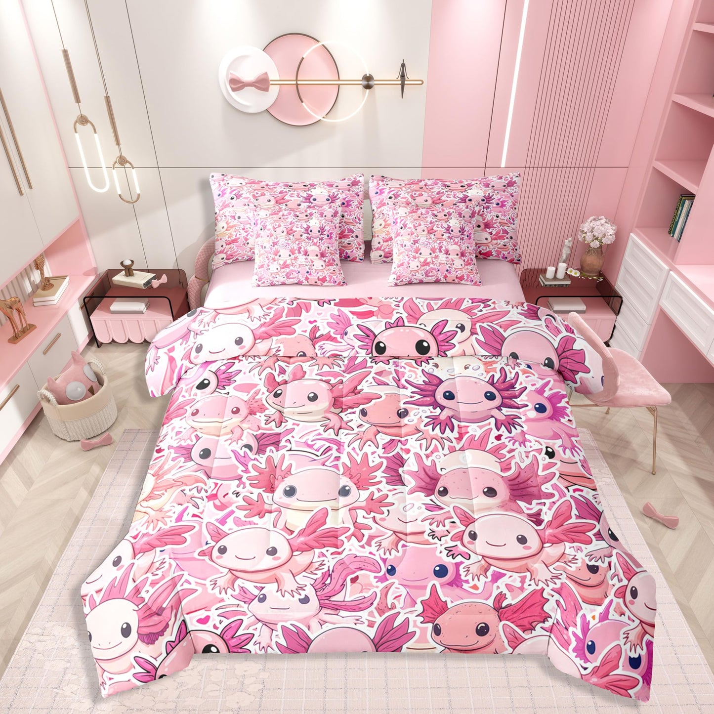 Erosebridal Girls Pink Axolotl Queen Comforter Set Kids Cute Axolotl Bed in a Bag with Flat and Fitted Sheet Kawaii Coastal Ocean Animal 7-Piece Bedding Set Cartoon Salamander Quilt Duvet Sets